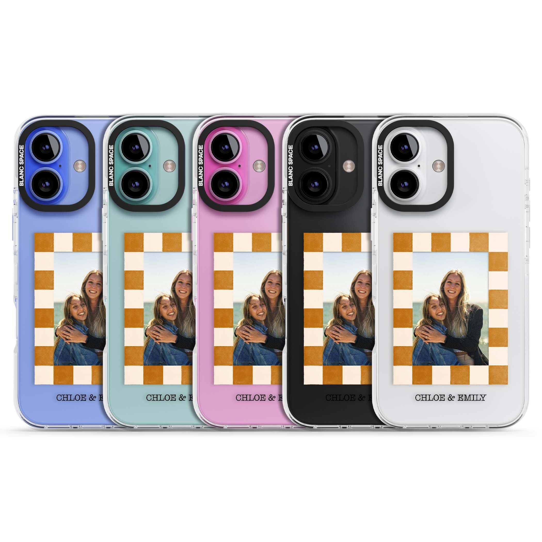 Citrus Check Photo personalised iPhone case with custom photo, orange checkered frame and names underneath | Clear Impact case for iPhone 16, iPhone 16 Plus