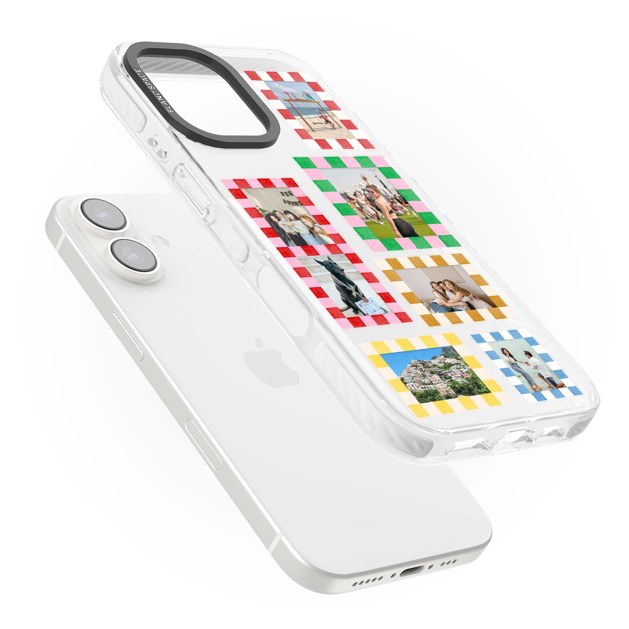 Italian Check Frames custom photo collage iPhone case featuring six checkered photo frames in red, green, pink and | Clear Impact case for iPhone 16, iPhone 16 Plus