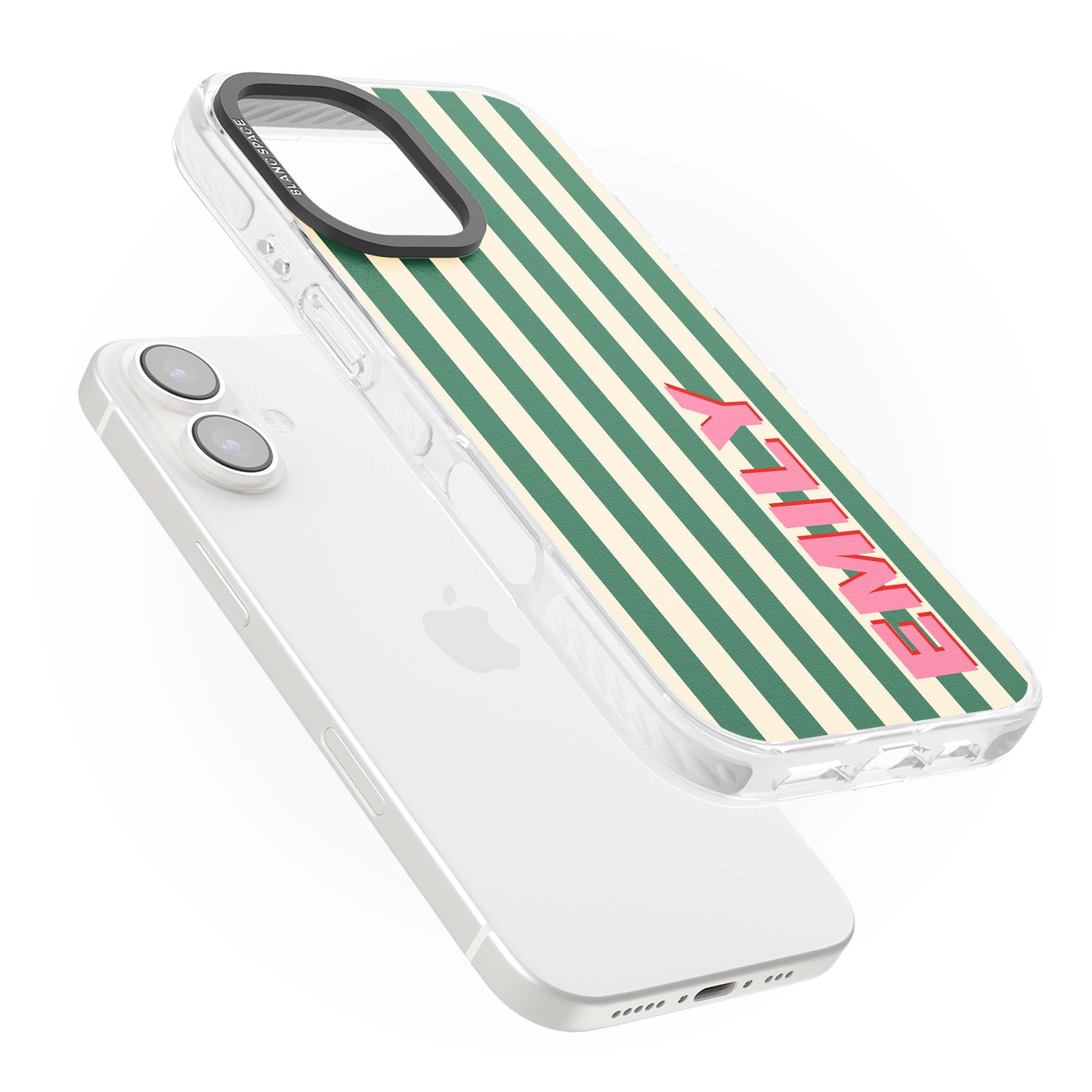 Wimbledon Stripe preppy iPhone case featuring green and cream vertical stripes with a personalised pink name | Clear Impact case for iPhone 16, iPhone 16 Plus