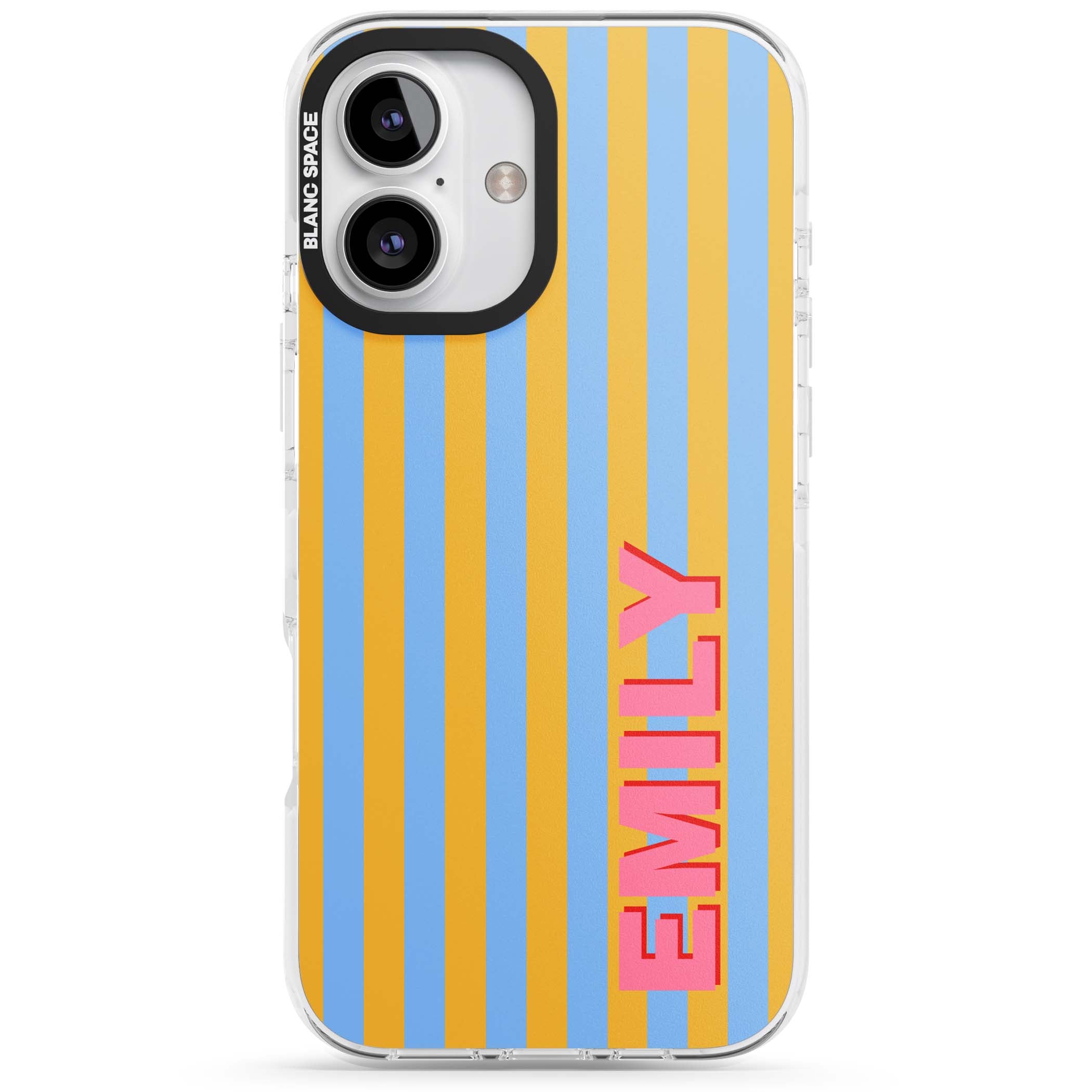 Carribean Stripe personalised coastal iPhone case with yellow and blue vertical stripes and a custom pink name | Clear Impact case for iPhone 16, iPhone 16 Plus