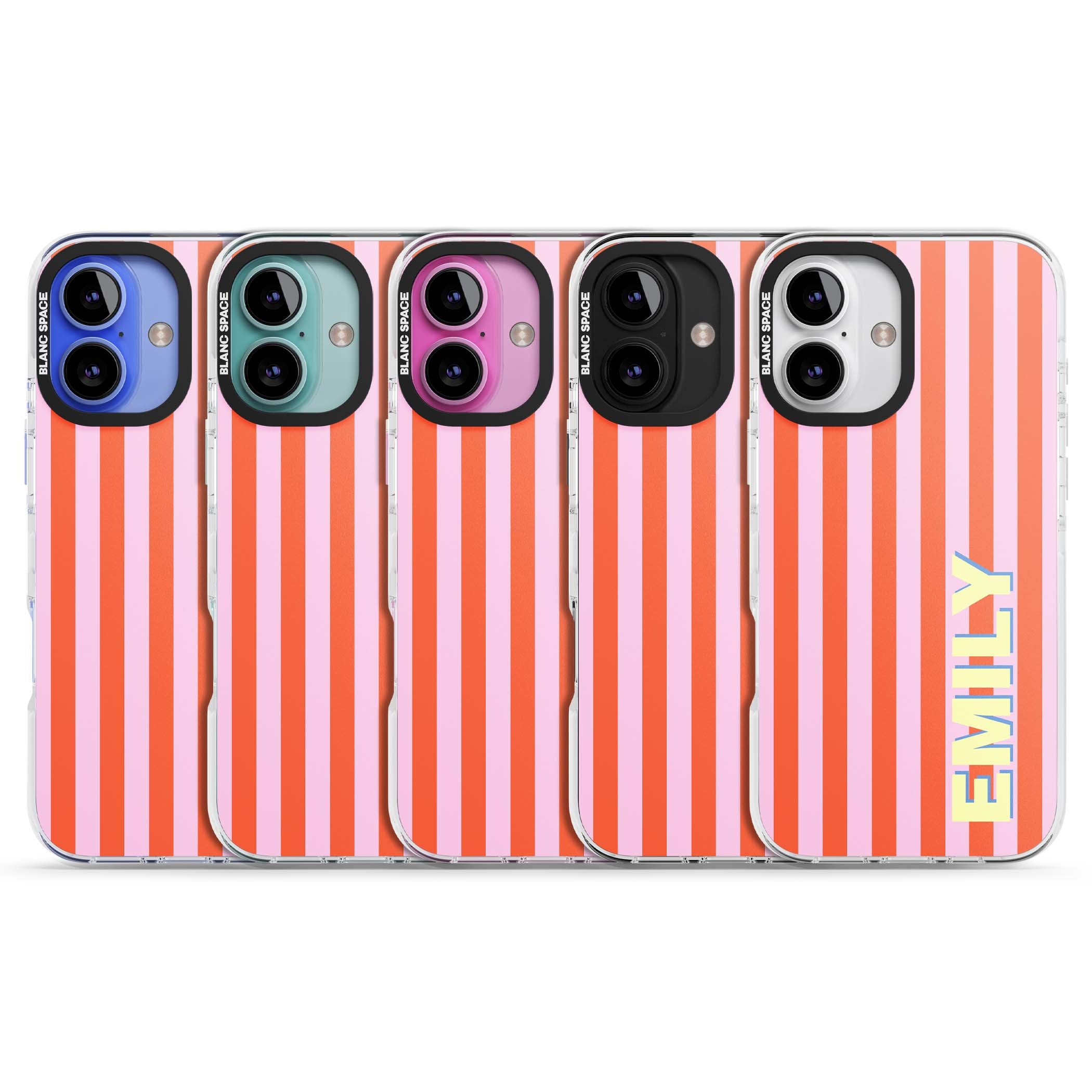Havana Stripe personalised iPhone case featuring pink and orange vertical stripes with a custom yellow name | Clear Impact case for iPhone 16, iPhone 16 Plus