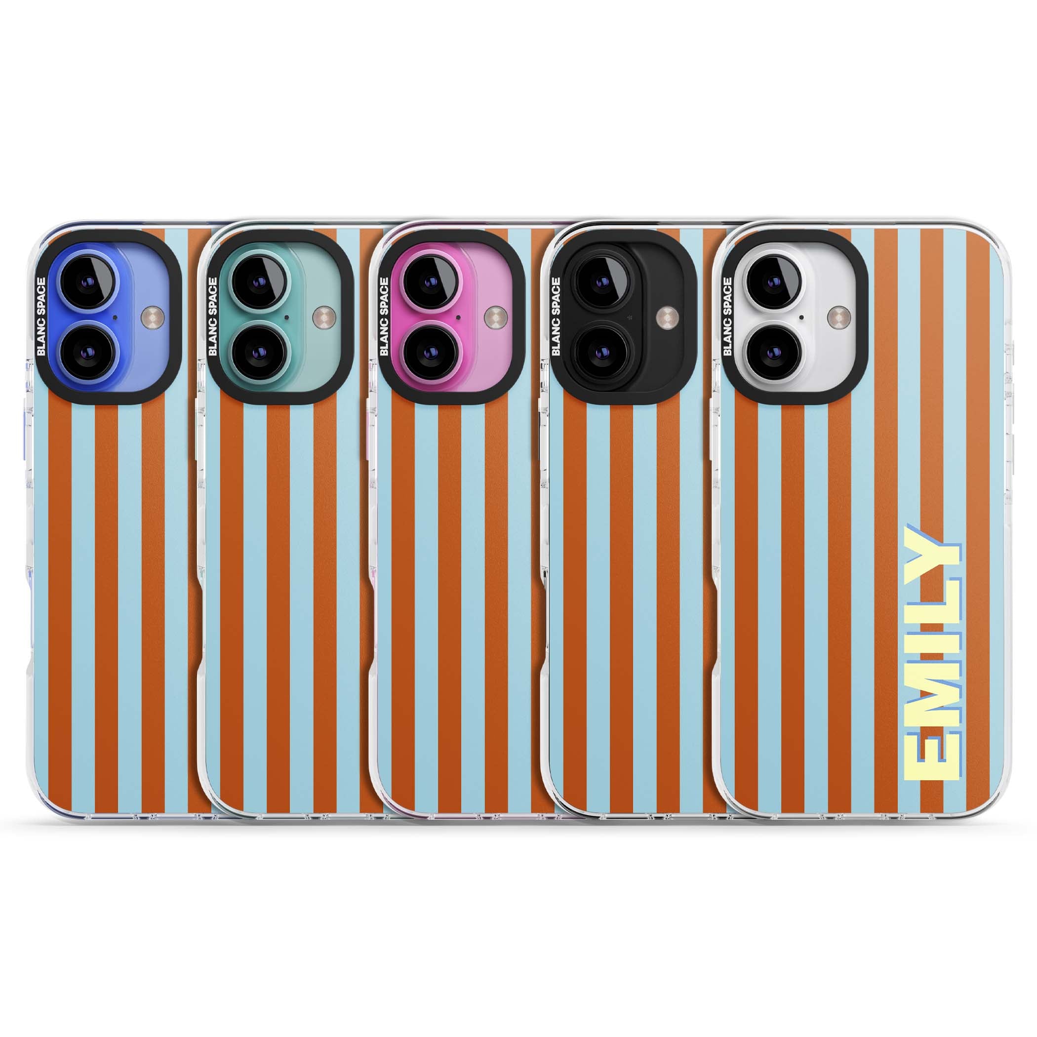 Cappadocia Stripe personalised coastal iPhone case featuring blue and orange vertical stripes with custom cream name | Clear Impact case for iPhone 16, iPhone 16 Plus