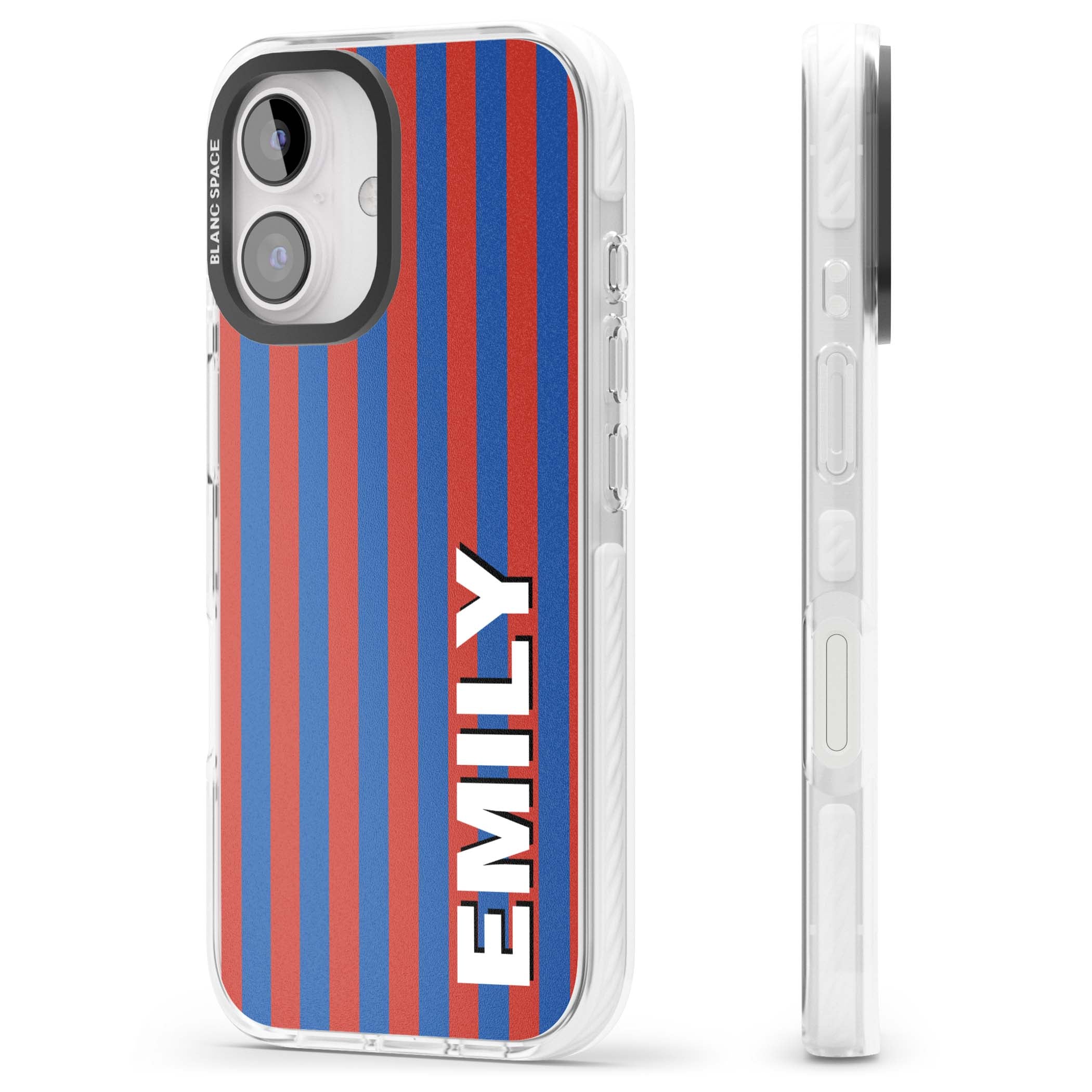 Cuban Stripe personalised iPhone case featuring red and blue vertical stripes with custom name in bold white letters | Clear Impact case for iPhone 16, iPhone 16 Plus