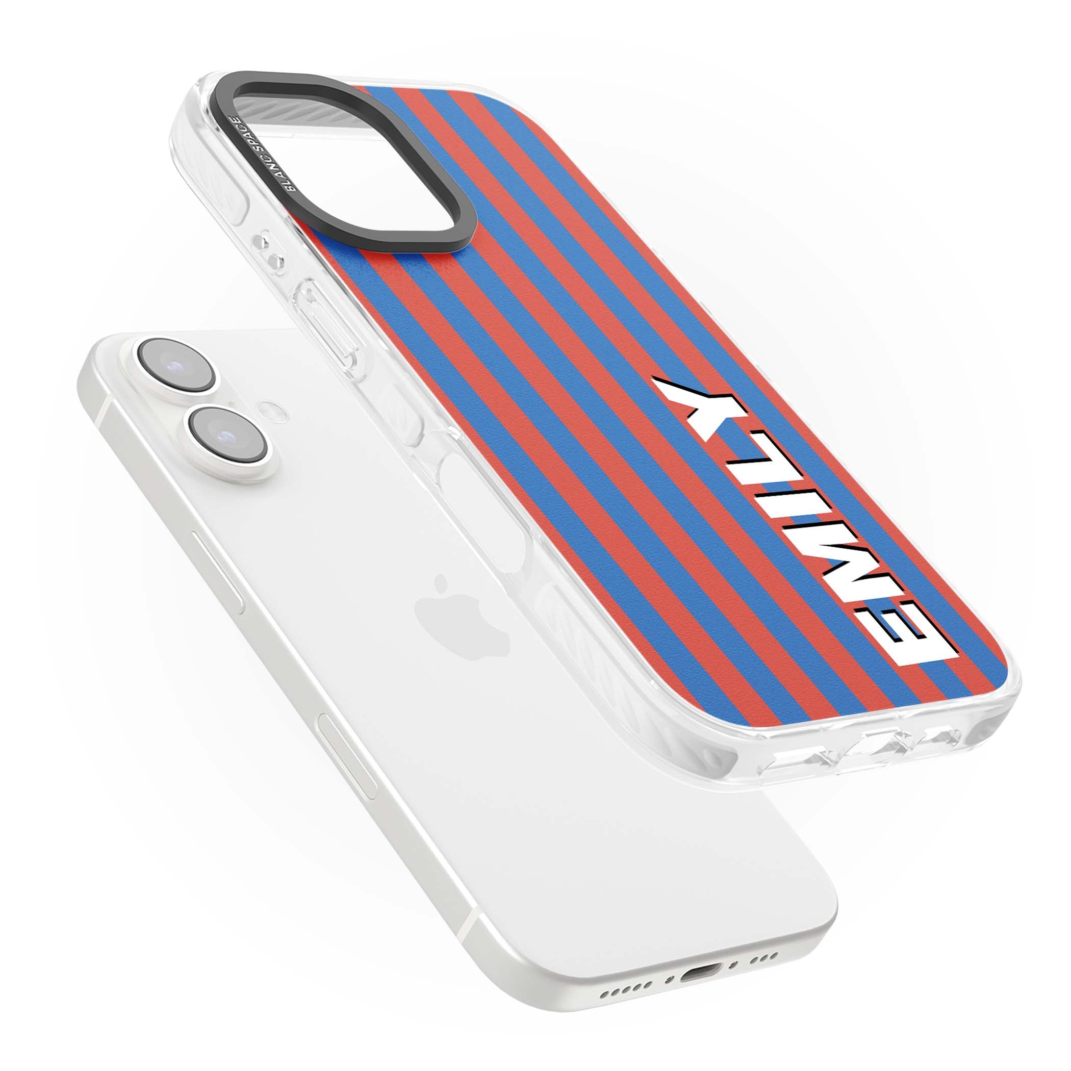 Cuban Stripe personalised iPhone case featuring red and blue vertical stripes with custom name in bold white letters | Clear Impact case for iPhone 16, iPhone 16 Plus
