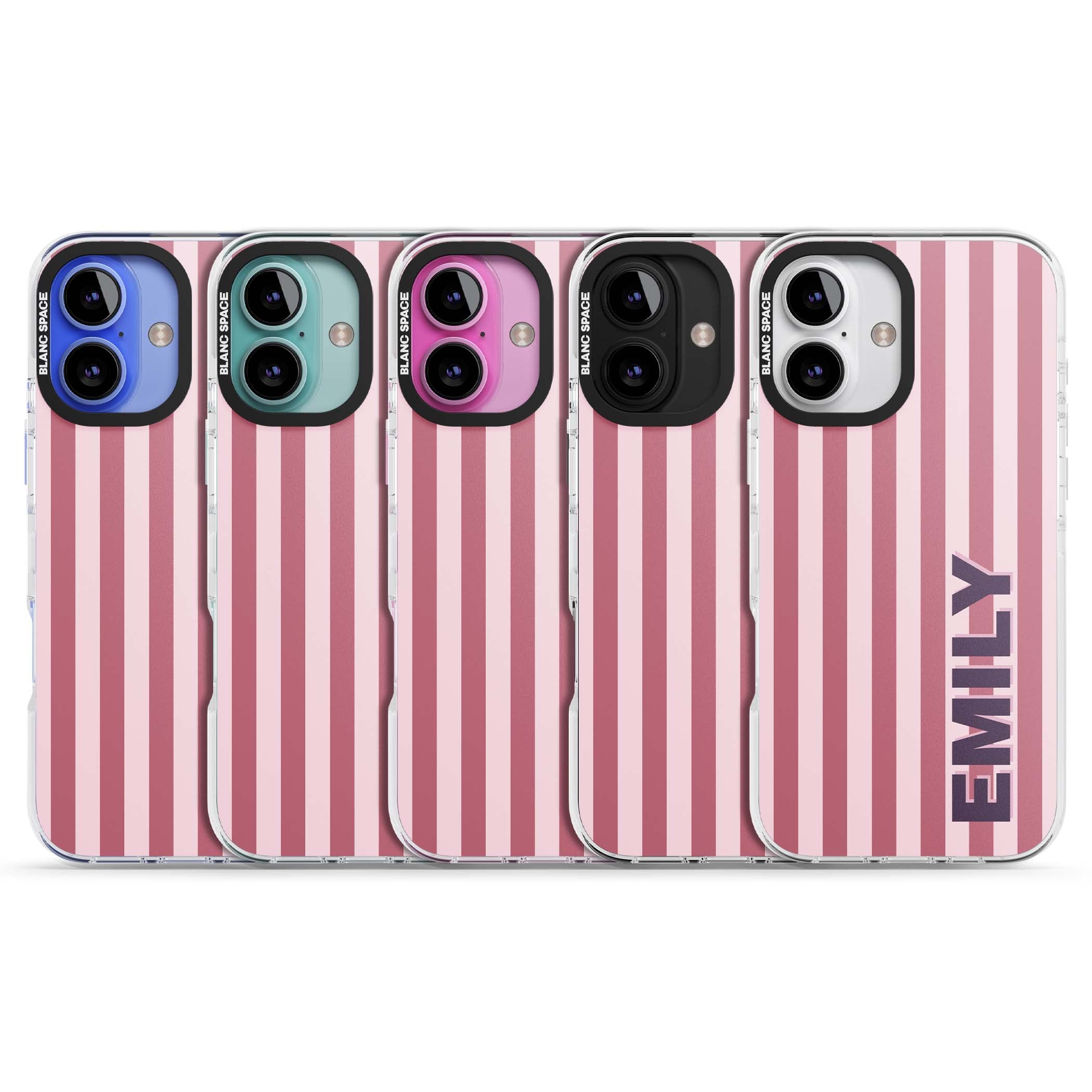 Victoria Stripe personalised iPhone case featuring pink vertical stripes and custom name in bold plum lettering | Clear Impact case for iPhone 16, iPhone 16 Plus