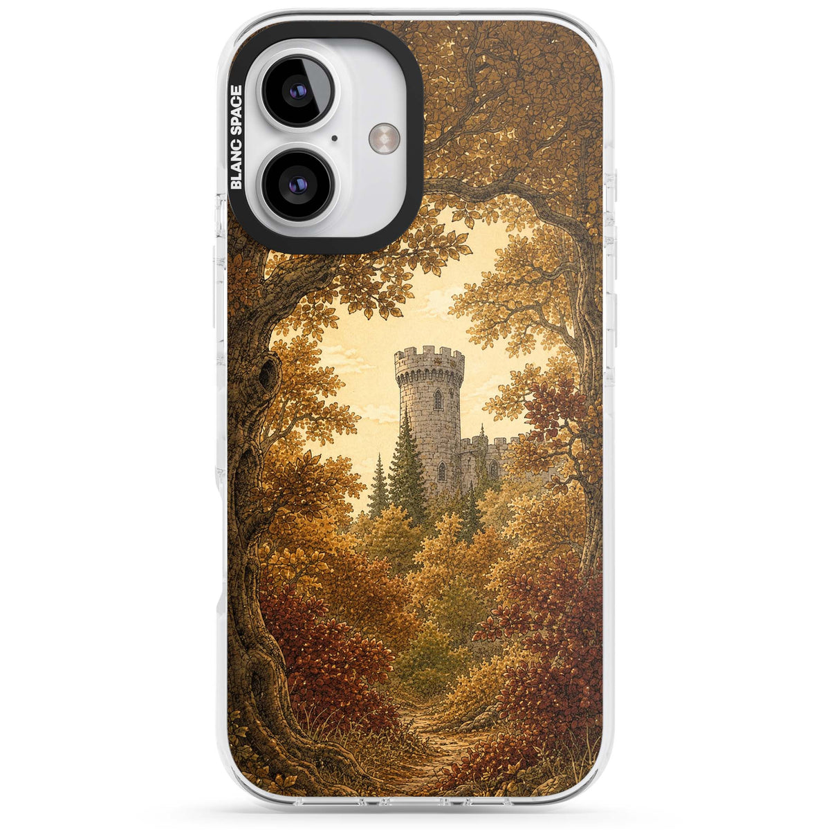 Autumn Keep cottagecore iPhone case featuring a medieval castle tower framed by golden autumn trees and woodland foliage | Clear Impact case for iPhone 16, iPhone 16 Plus