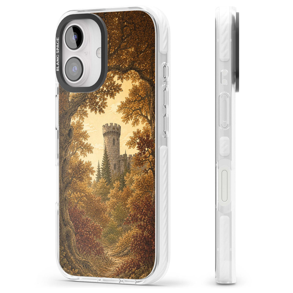 Autumn Keep cottagecore iPhone case featuring a medieval castle tower framed by golden autumn trees and woodland foliage | Clear Impact case for iPhone 16, iPhone 16 Plus