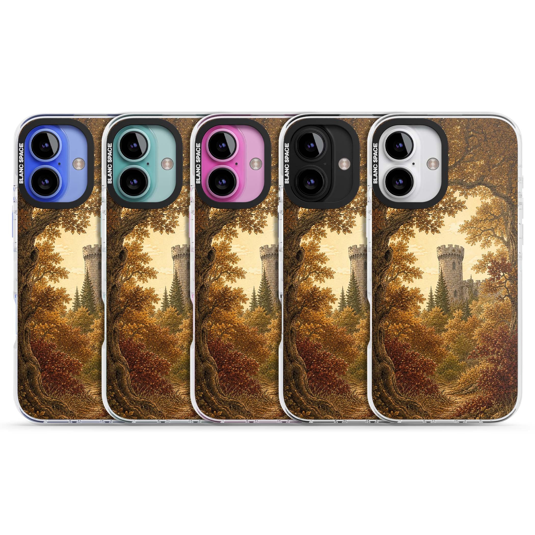 Autumn Keep cottagecore iPhone case featuring a medieval castle tower framed by golden autumn trees and woodland foliage | Clear Impact case for iPhone 16, iPhone 16 Plus