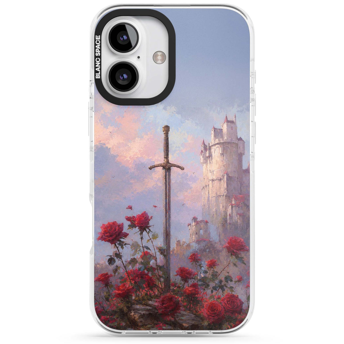 Sword in Roses medieval art iPhone case featuring a sword, red roses, and a misty fairytale castle at sunset | Clear Impact case for iPhone 16, iPhone 16 Plus