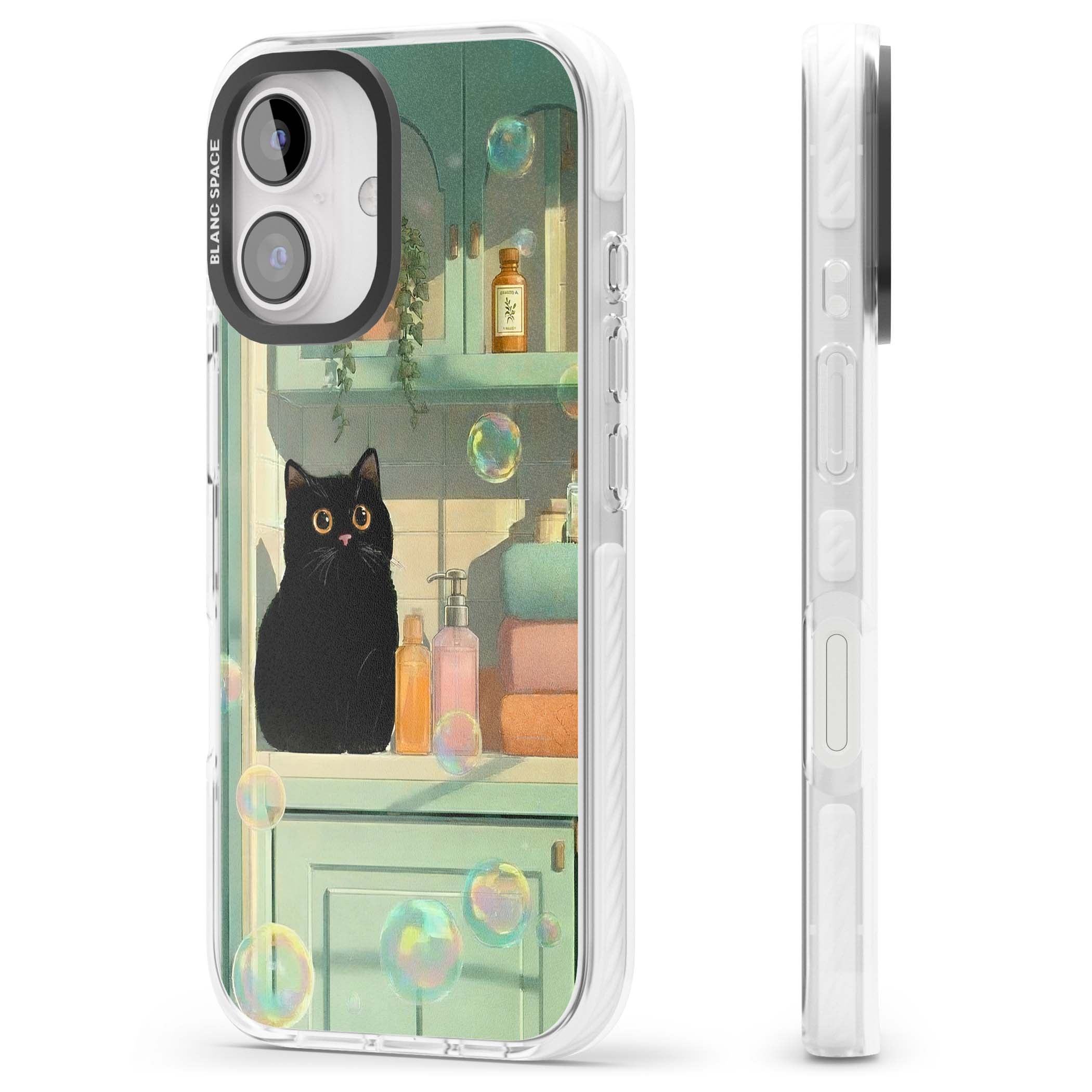 Bathroom Bubble Kitty cottagecore iPhone case featuring a black cat, mint bathroom scene and floating soap bubbles | Clear Impact case for iPhone 16, iPhone 16 Plus