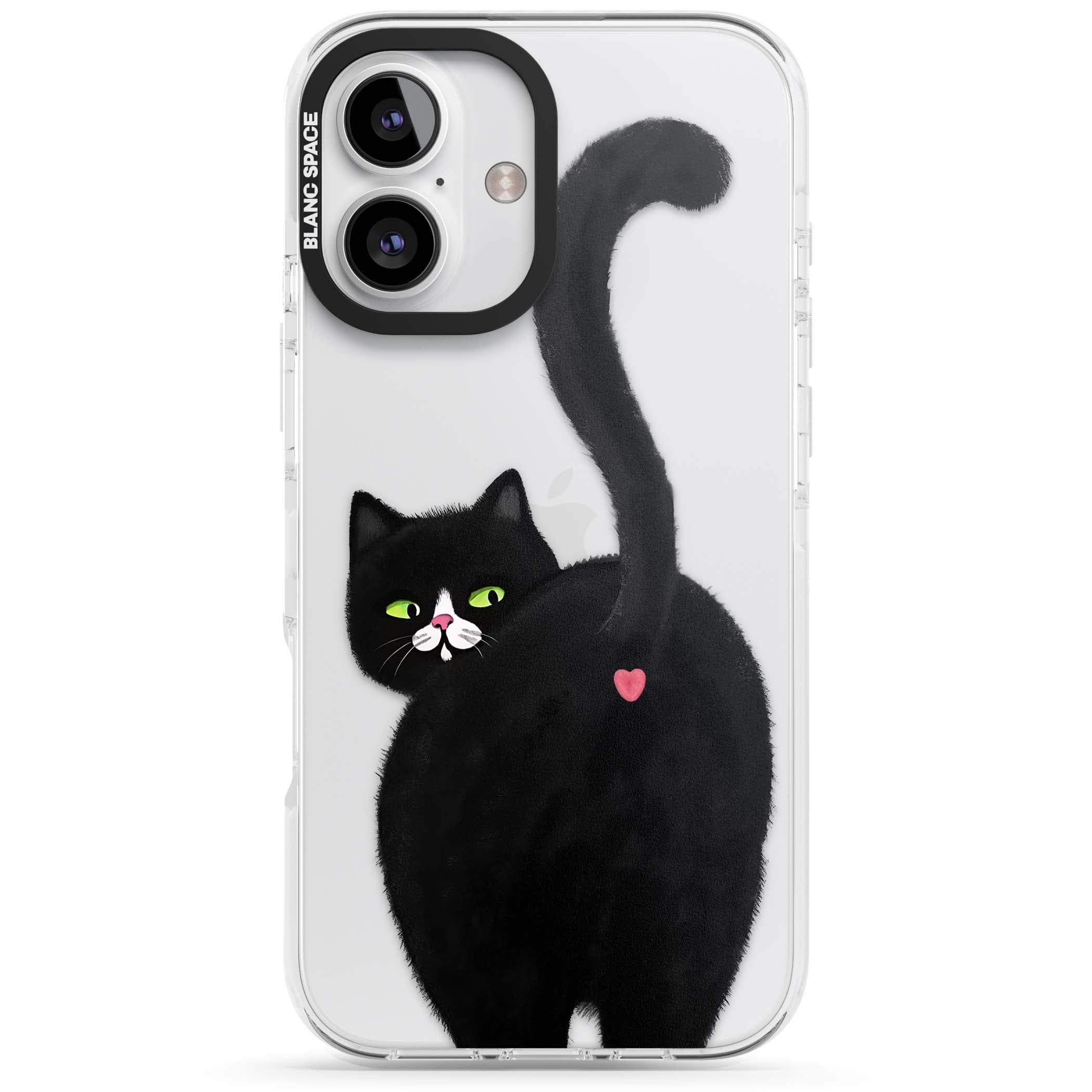 The Cat's Kiss cute cat iPhone case featuring a hand-painted tuxedo kitty with green eyes and a pink heart on a clear | Clear Impact case for iPhone 16, iPhone 16 Plus