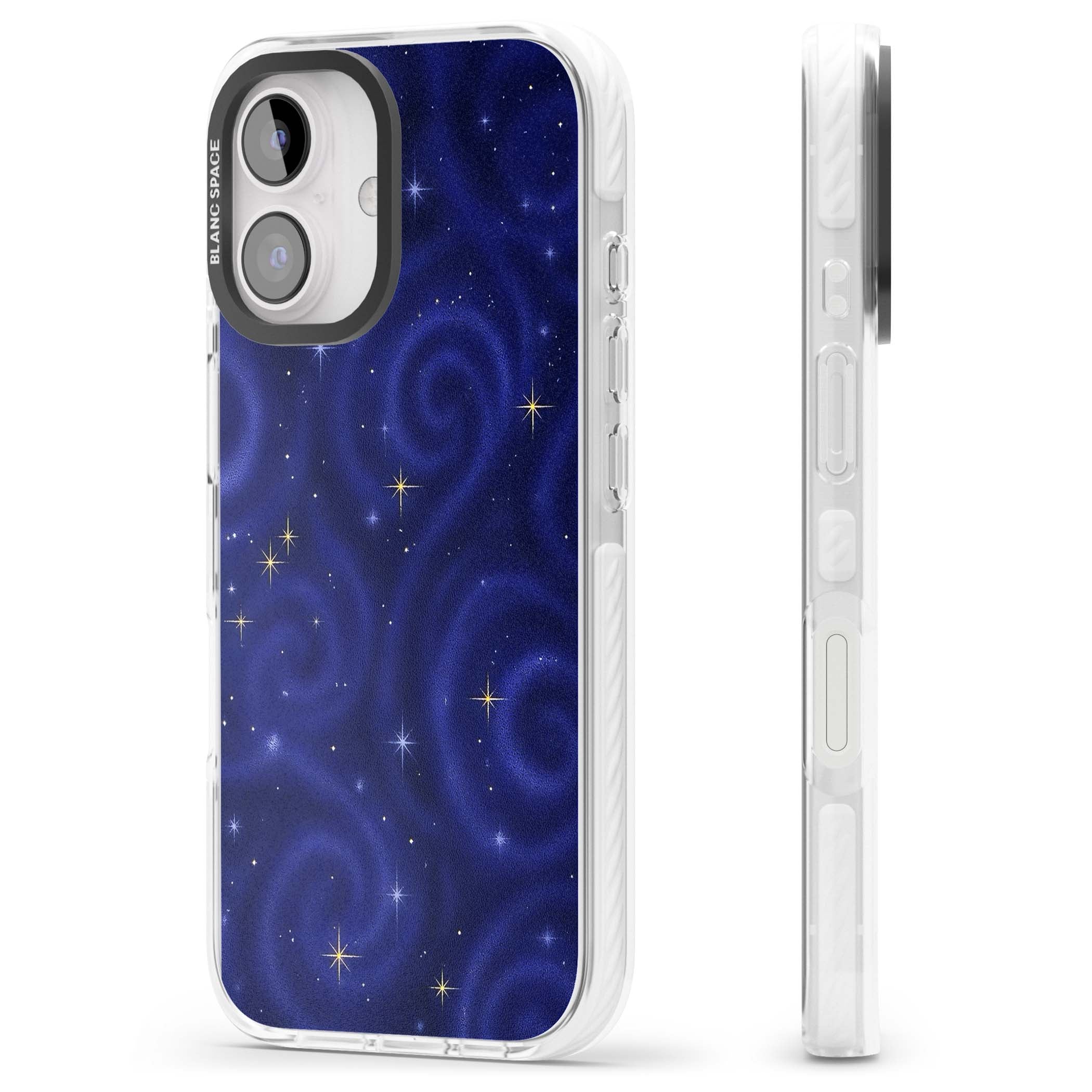 Indigo Cosmos celestial iPhone case featuring swirling navy night sky and sparkling golden stars | Clear Impact case for iPhone 16, iPhone 16 Plus
