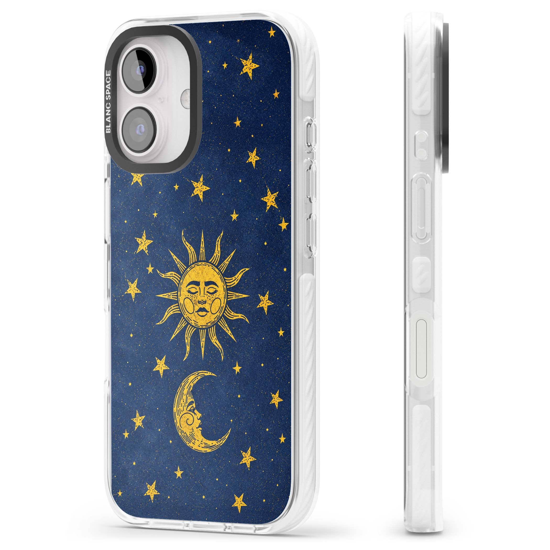 Sun & Moon Reverie celestial iPhone case featuring a vintage golden sun, crescent moon and scattered stars on midnight blue | Clear Impact case for iPhone 16, iPhone 16 Plus