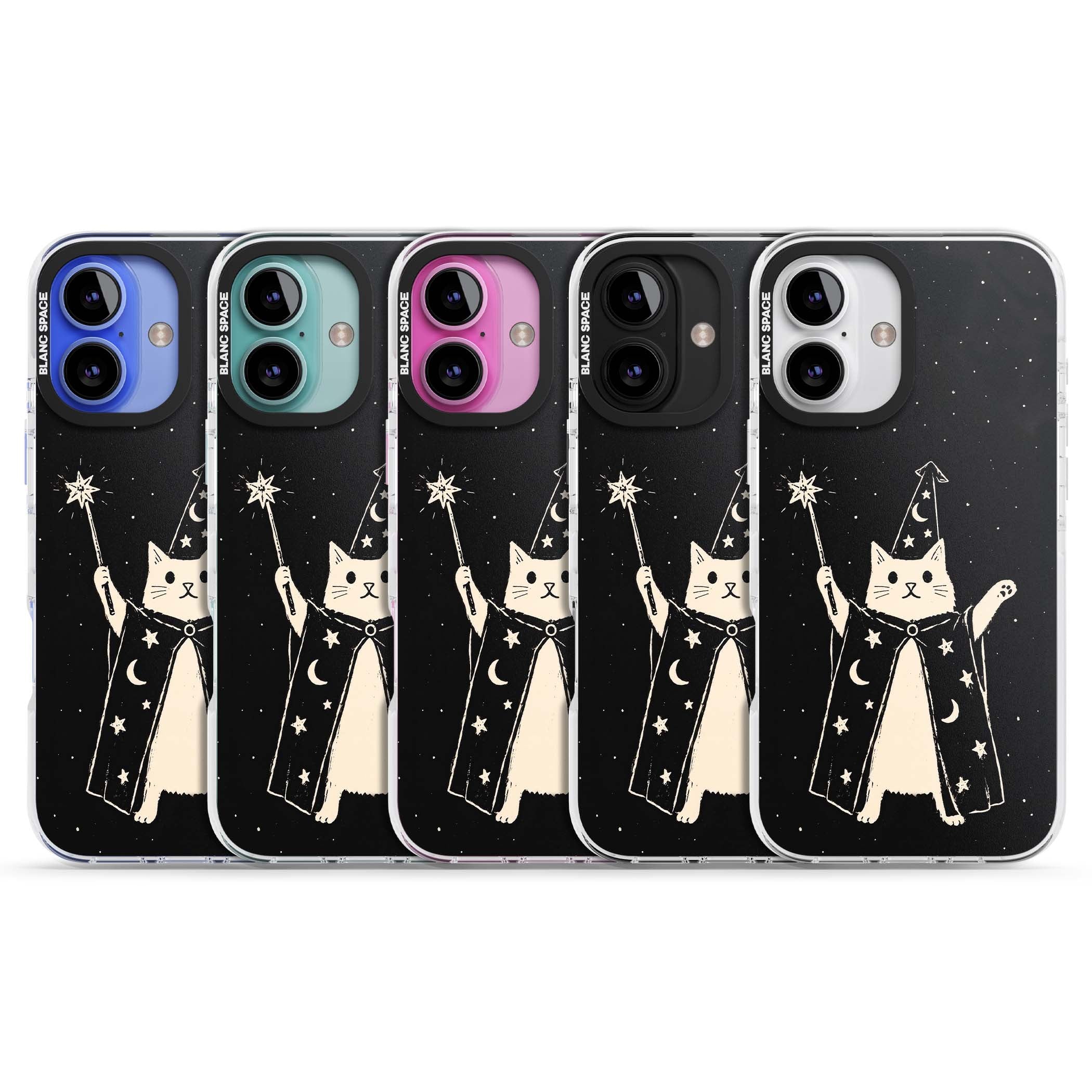 Whisker Wizard celestial cat iPhone case featuring a wizard cat with magic wand, starry night sky and crescent moons | Clear Impact case for iPhone 16, iPhone 16 Plus