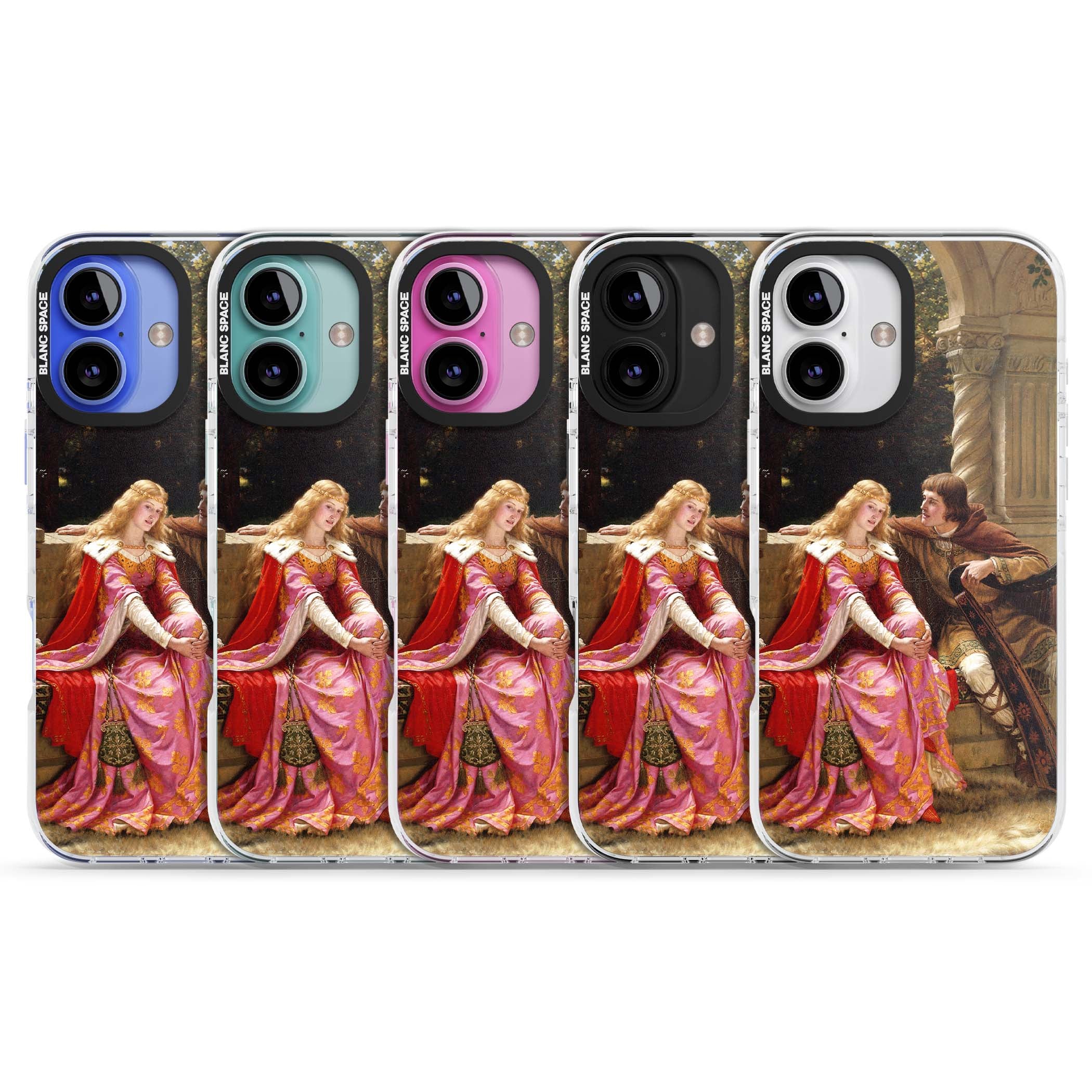 The End of the Song classic art iPhone case featuring a medieval lady in pink gown and her knight in a stone archway | Clear Impact case for iPhone 16, iPhone 16 Plus