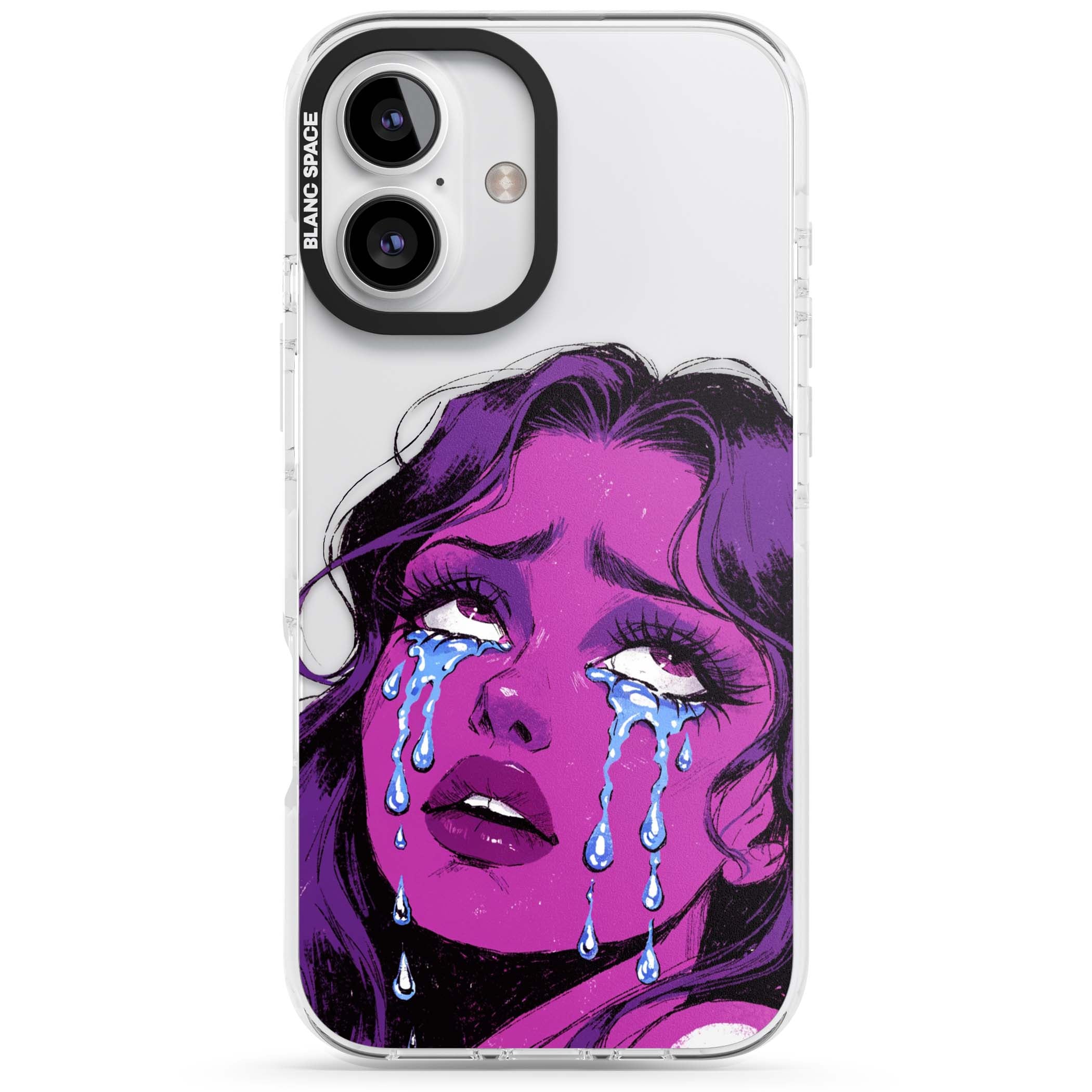 Drama Queen pop art iPhone case featuring a purple crying comic girl with blue tears | Clear Impact case for iPhone 16, iPhone 16 Plus