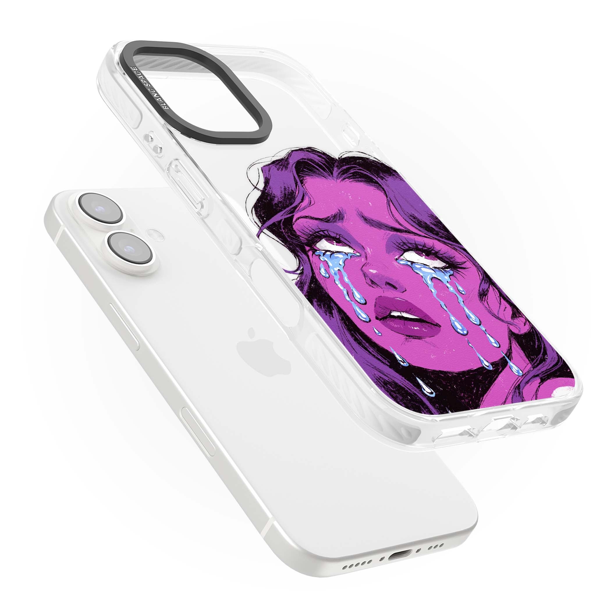 Drama Queen pop art iPhone case featuring a purple crying comic girl with blue tears | Clear Impact case for iPhone 16, iPhone 16 Plus