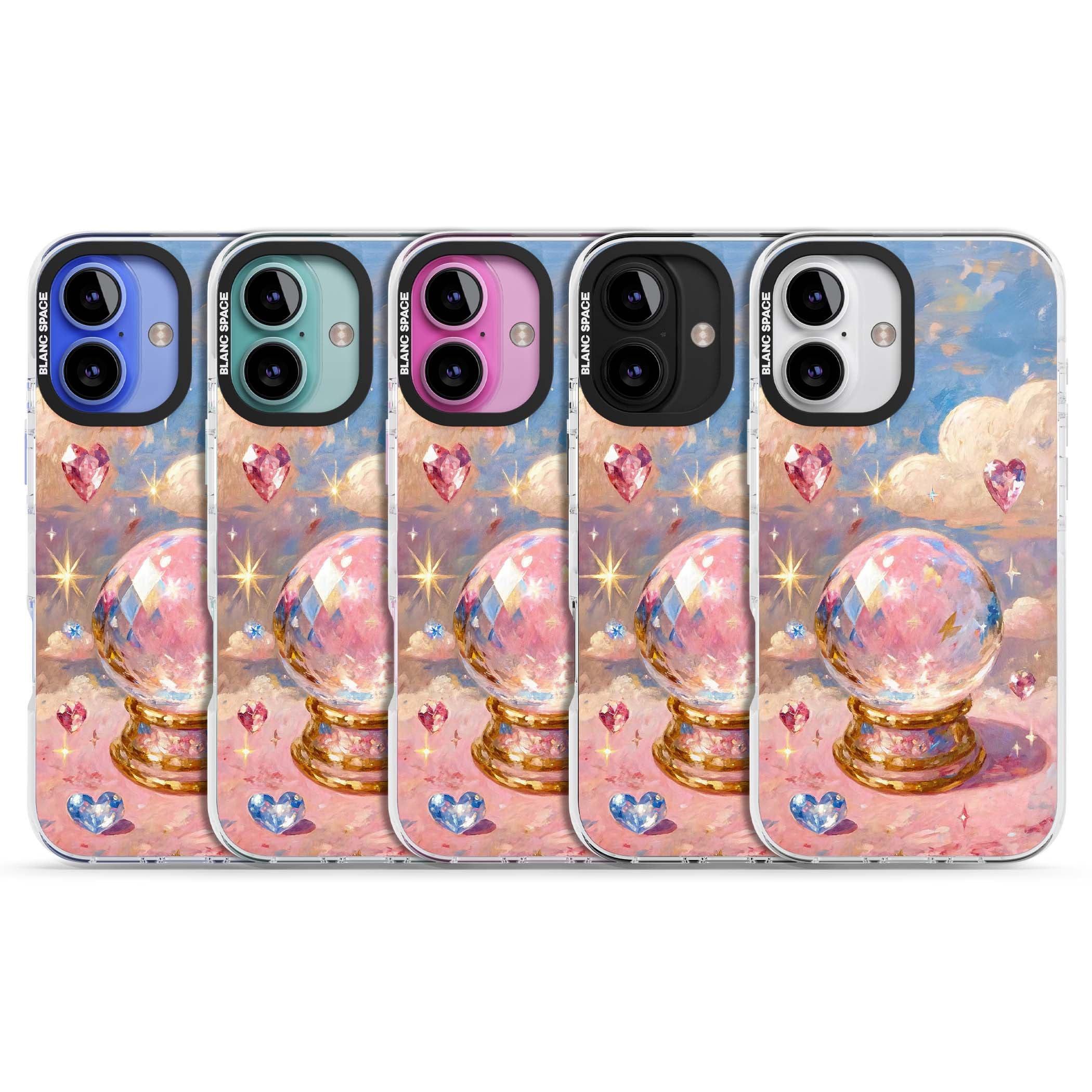 Crystal Ball fairycore iPhone case featuring a painted crystal ball, heart gemstones, and pastel clouds | Clear Impact case for iPhone 16, iPhone 16 Plus