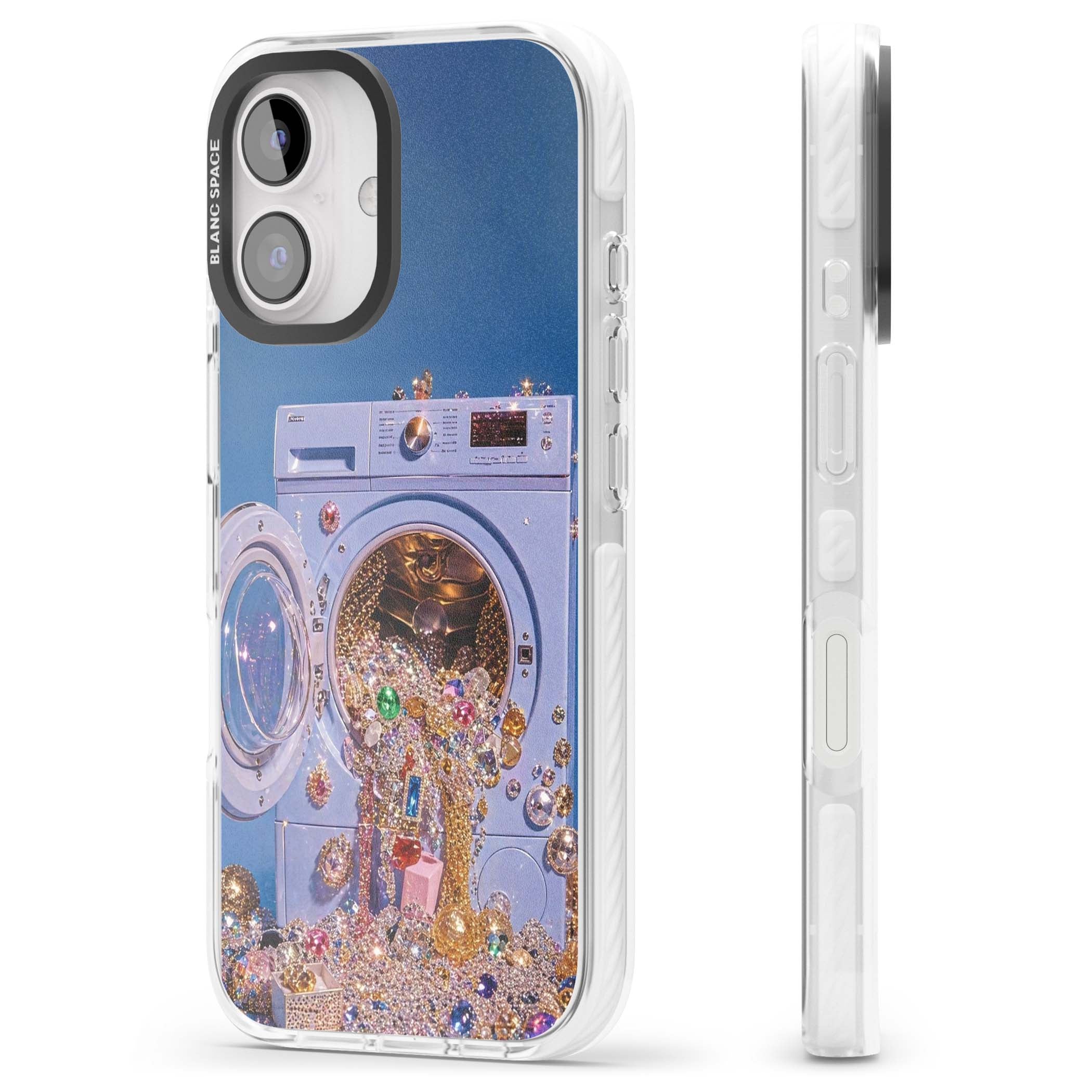 Gem Laundry baddie iPhone case featuring a surreal washing machine overflowing with colourful gemstones and crystals | Clear Impact case for iPhone 16, iPhone 16 Plus