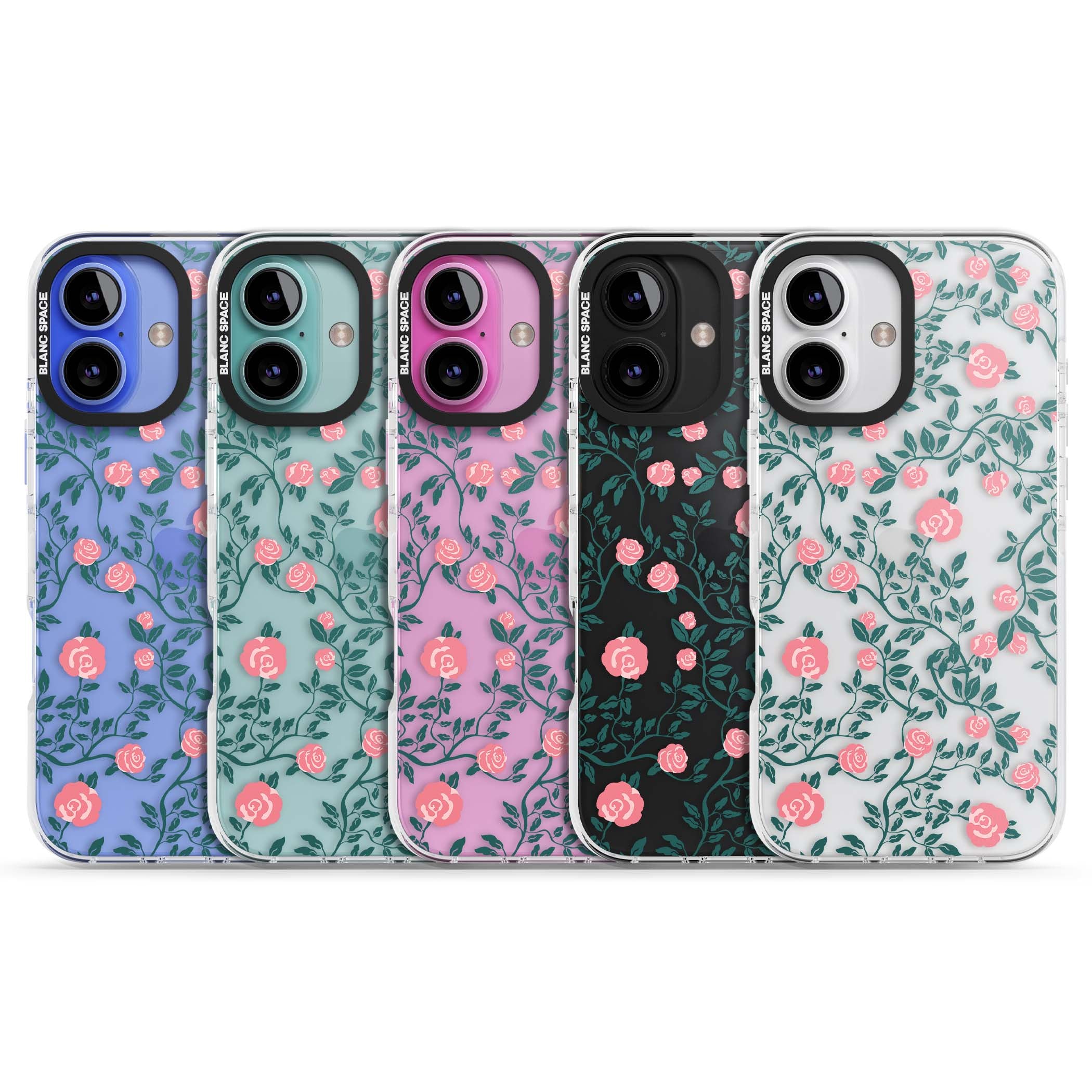 Rose Trellis (Clear) cottagecore iPhone case featuring pink climbing roses and green leaves on clear background | Clear Impact case for iPhone 16, iPhone 16 Plus
