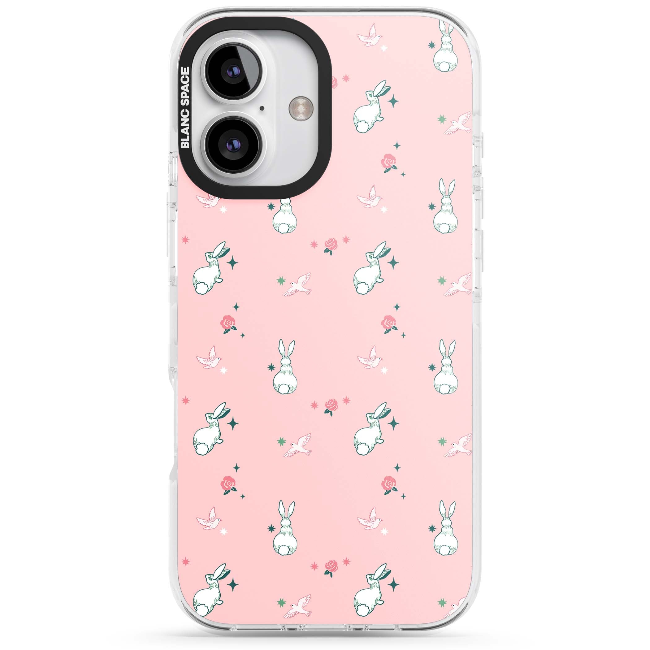 Bunny Garden kawaii iPhone case featuring white rabbits, pink roses, doves and stars on pink background | Clear Impact case for iPhone 16, iPhone 16 Plus