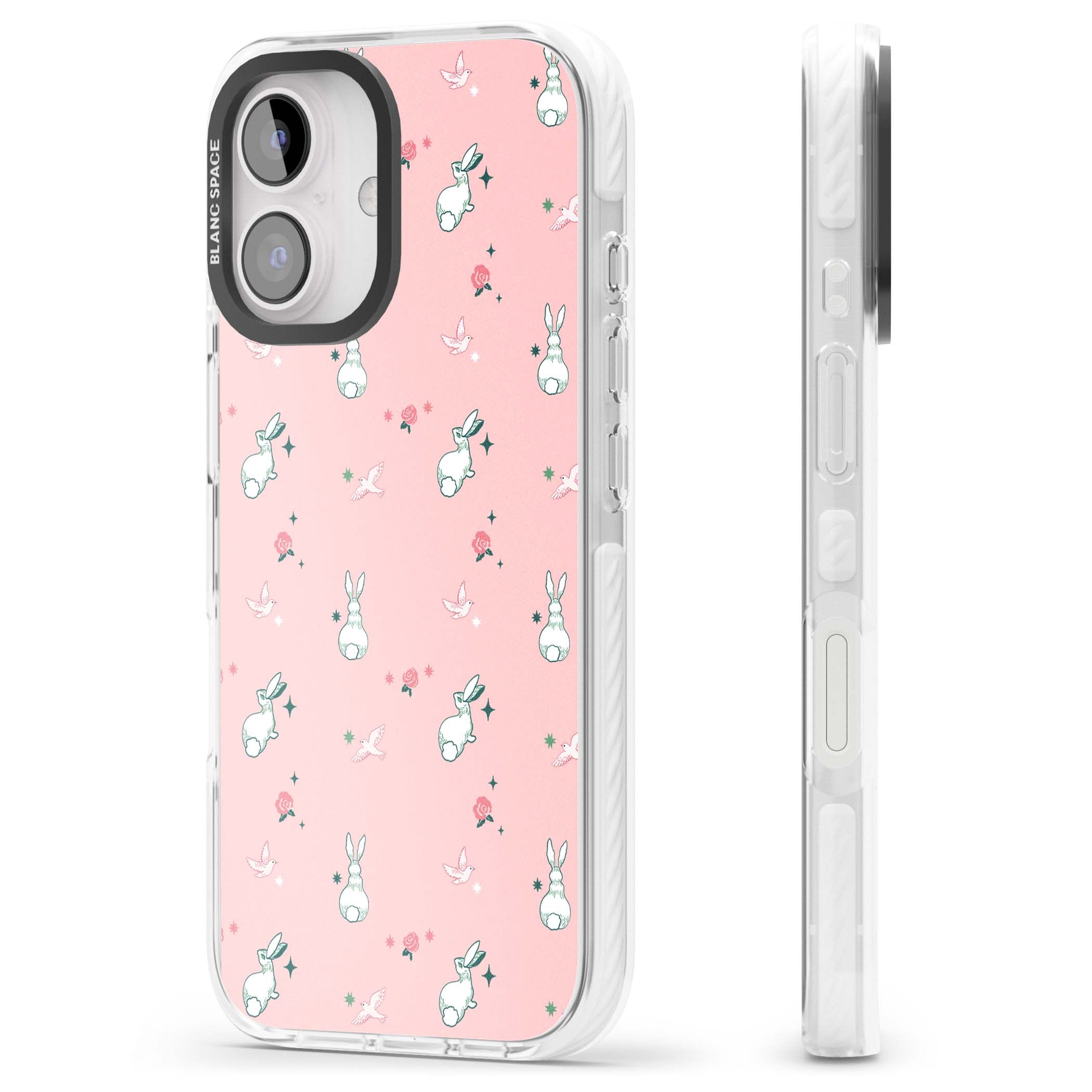 Bunny Garden kawaii iPhone case featuring white rabbits, pink roses, doves and stars on pink background | Clear Impact case for iPhone 16, iPhone 16 Plus