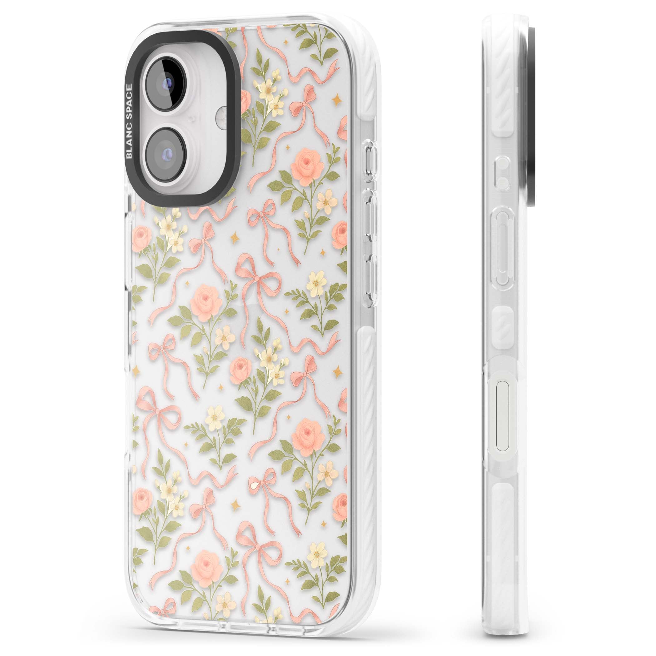 Ribbon Garden coquette iPhone case featuring pink bows, peach roses and wildflowers on white background | Clear Impact case for iPhone 16, iPhone 16 Plus