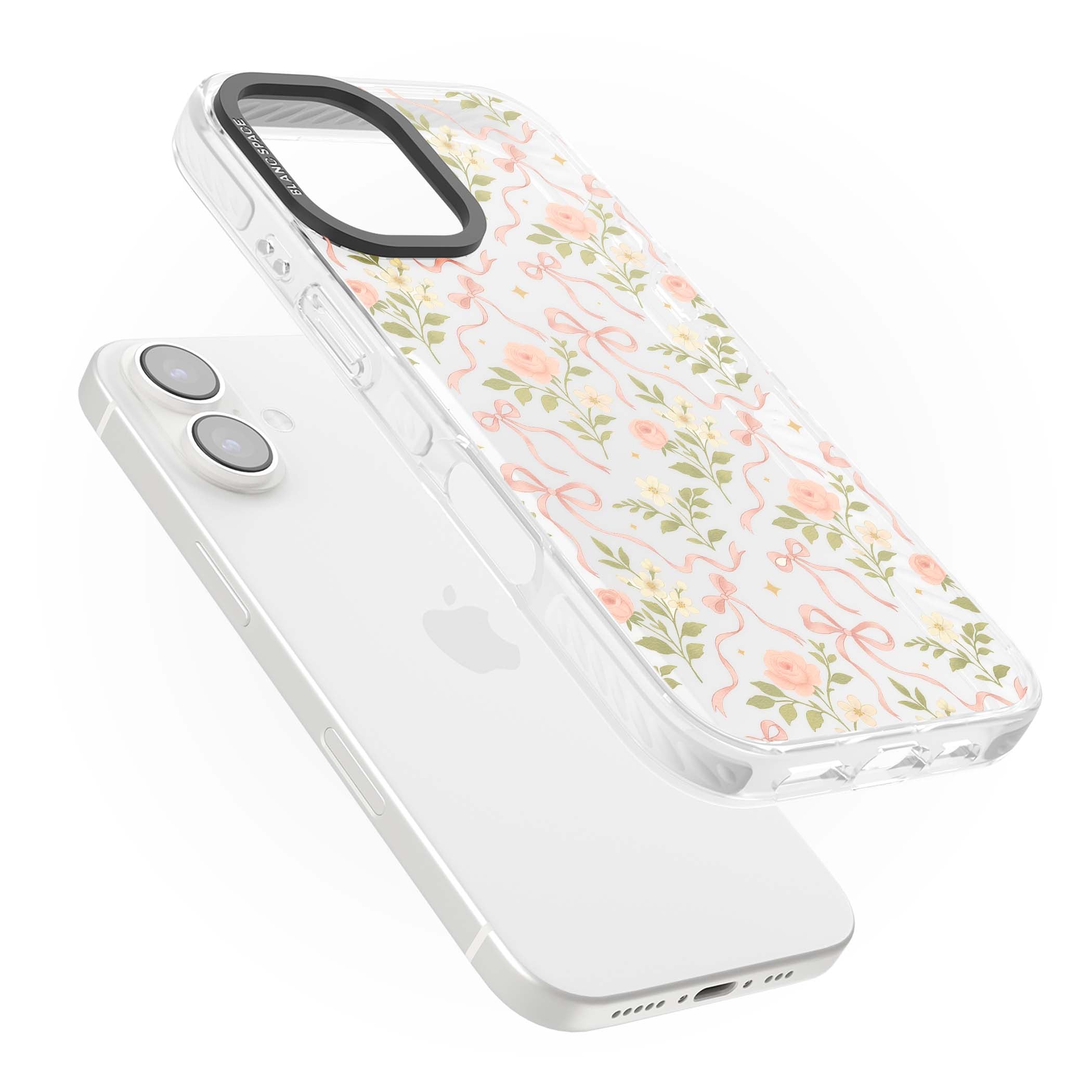 Ribbon Garden coquette iPhone case featuring pink bows, peach roses and wildflowers on white background | Clear Impact case for iPhone 16, iPhone 16 Plus