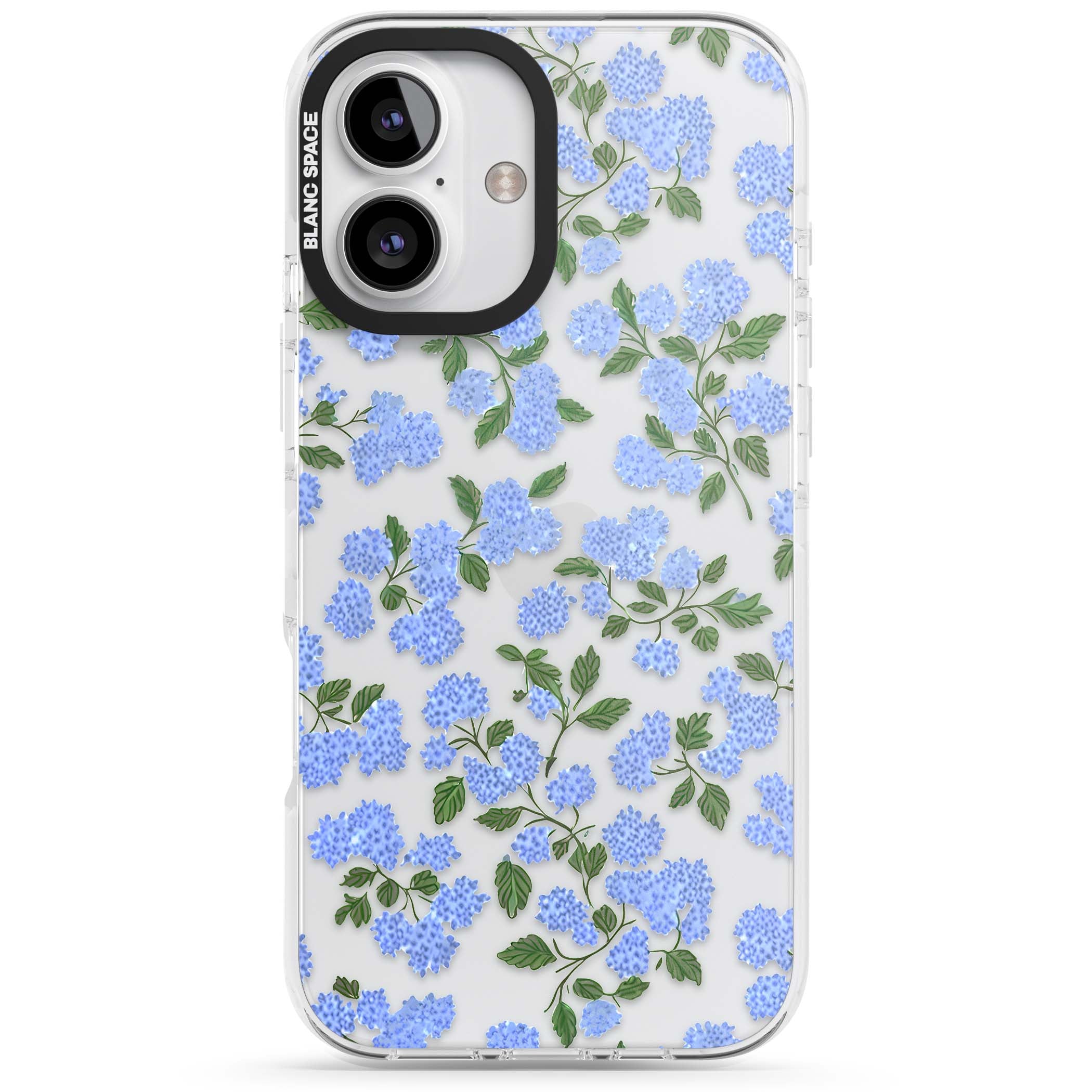 Hydrangea Dreams cottagecore iPhone case featuring soft blue hydrangea flower clusters and green leaves | Clear Impact case for iPhone 16, iPhone 16 Plus