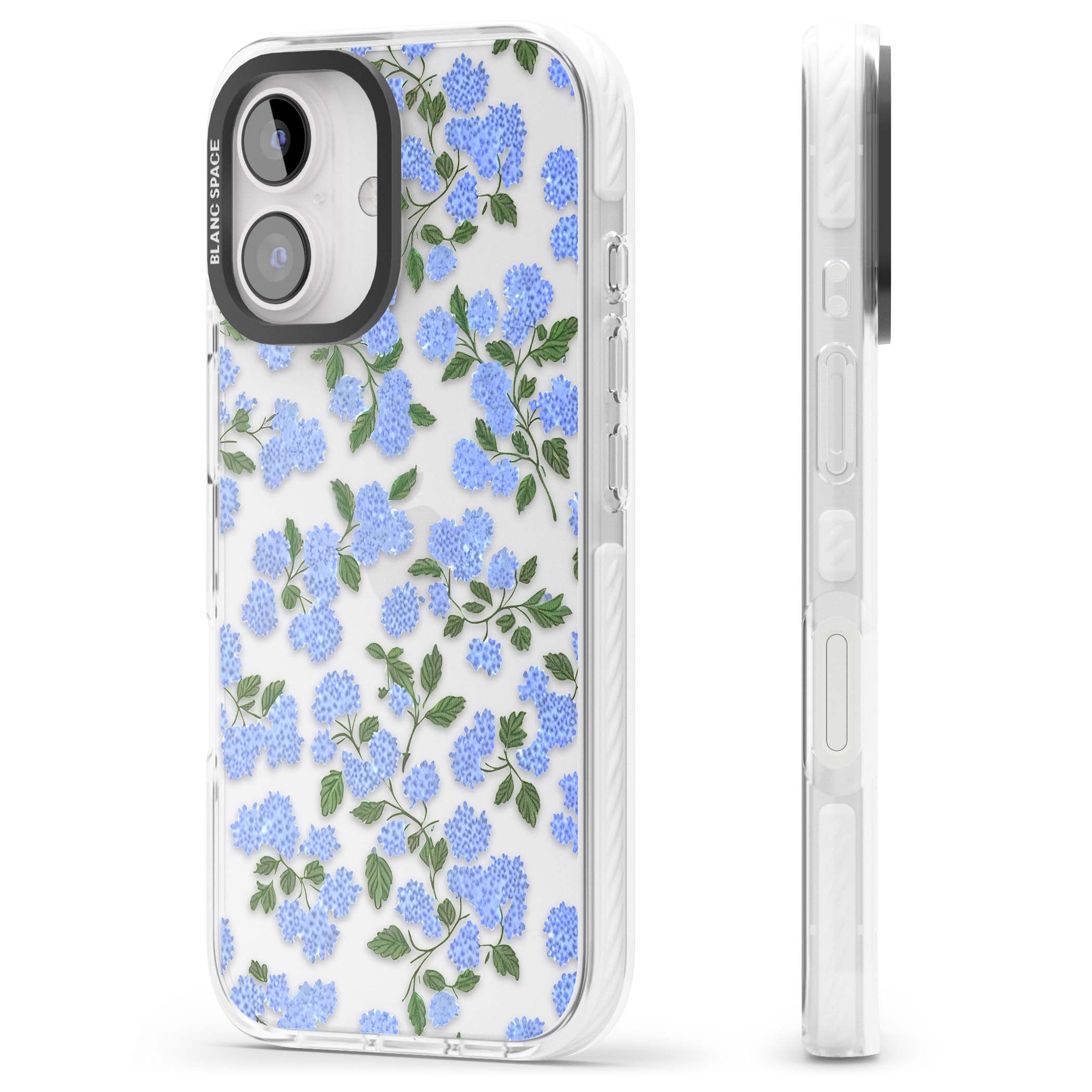 Hydrangea Dreams cottagecore iPhone case featuring soft blue hydrangea flower clusters and green leaves | Clear Impact case for iPhone 16, iPhone 16 Plus