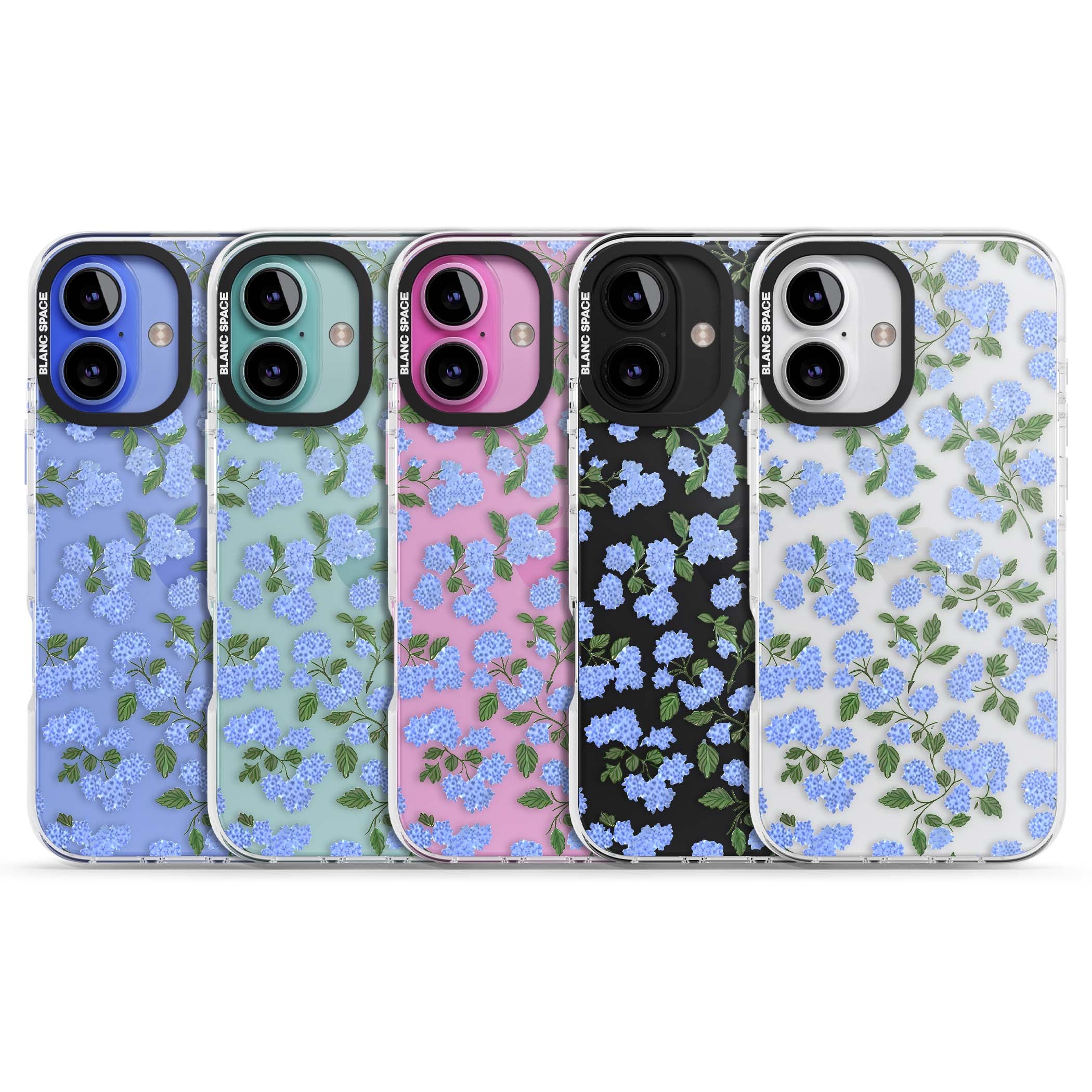 Hydrangea Dreams cottagecore iPhone case featuring soft blue hydrangea flower clusters and green leaves | Clear Impact case for iPhone 16, iPhone 16 Plus