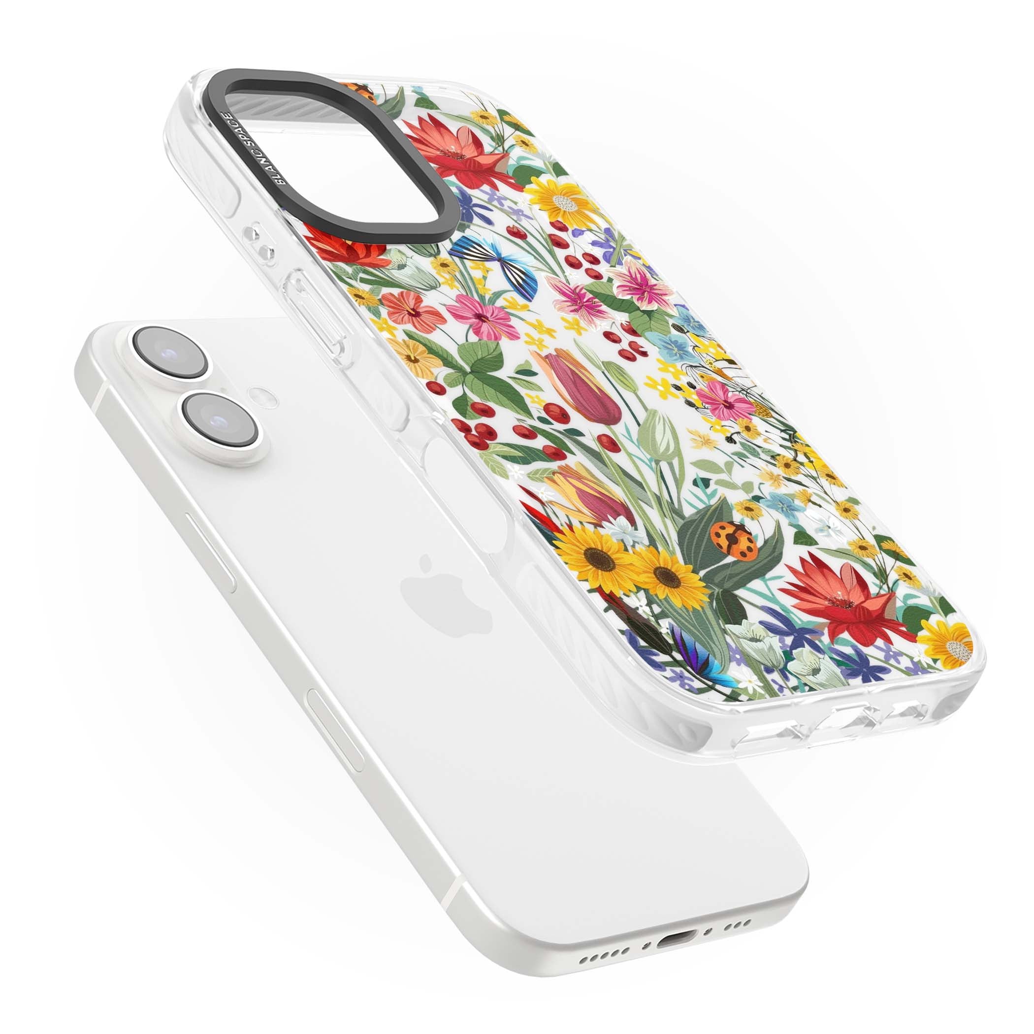 Botanical Bloom cottagecore iPhone case featuring colorful wildflowers, sunflowers, and ladybugs on clear background | Clear Impact case for iPhone 16, iPhone 16 Plus