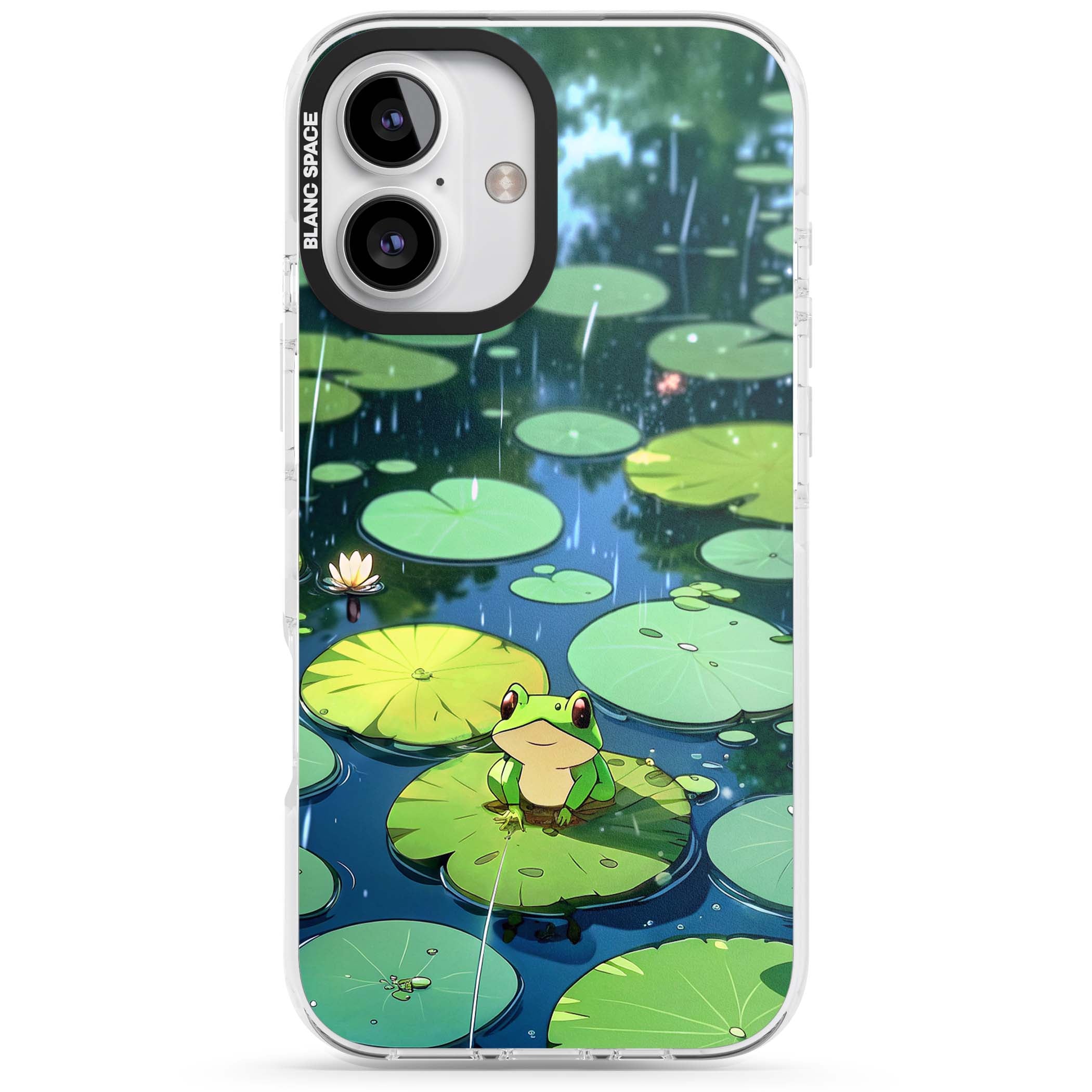 Frog In Lily Pond cottagecore iPhone case featuring a cute green frog on a lily pad with falling rain and a lotus flower | Clear Impact case for iPhone 16, iPhone 16 Plus