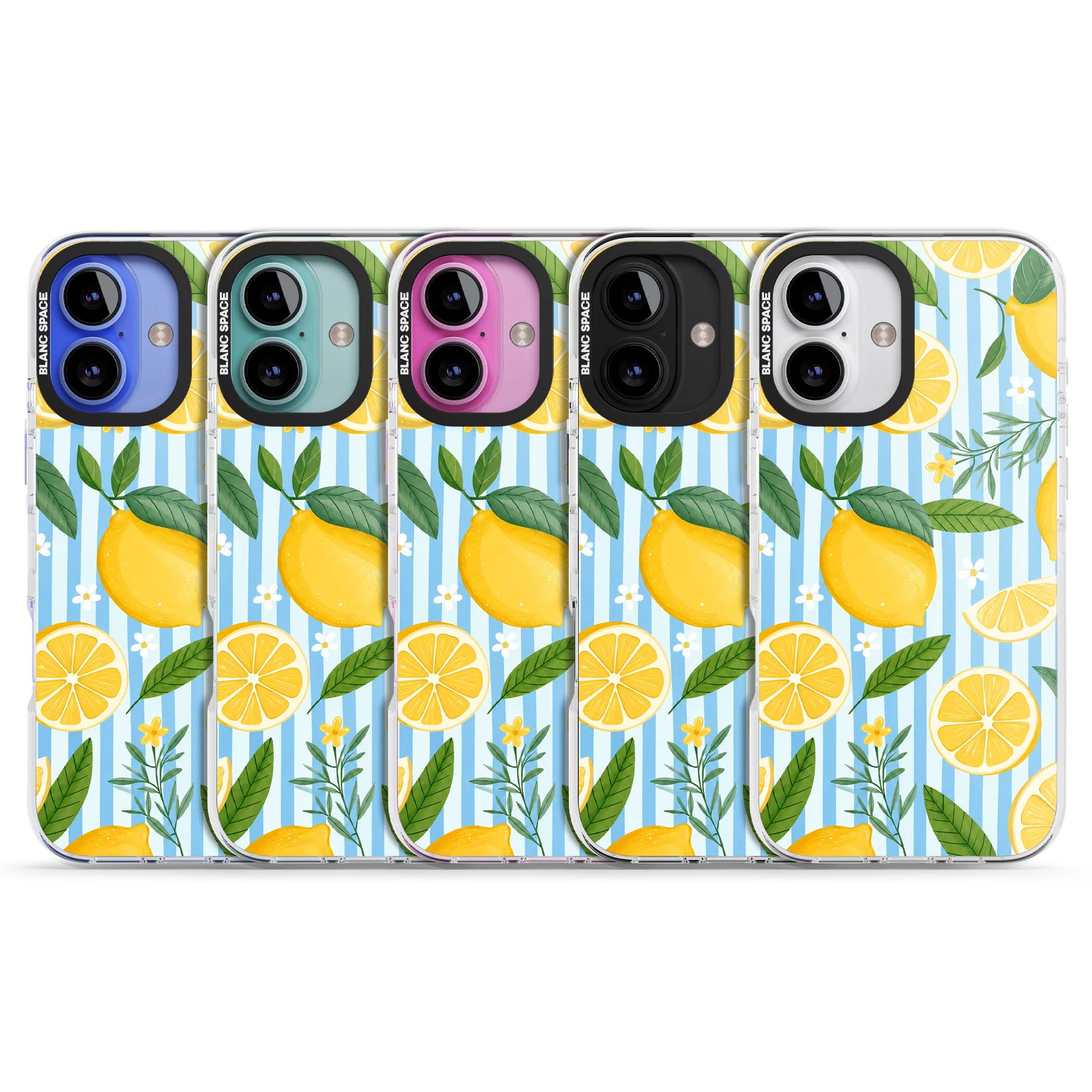 Capri Citrus Stripe coastal iPhone case featuring yellow lemons, blue stripes, and white daisy blossoms | Clear Impact case for iPhone 16, iPhone 16 Plus