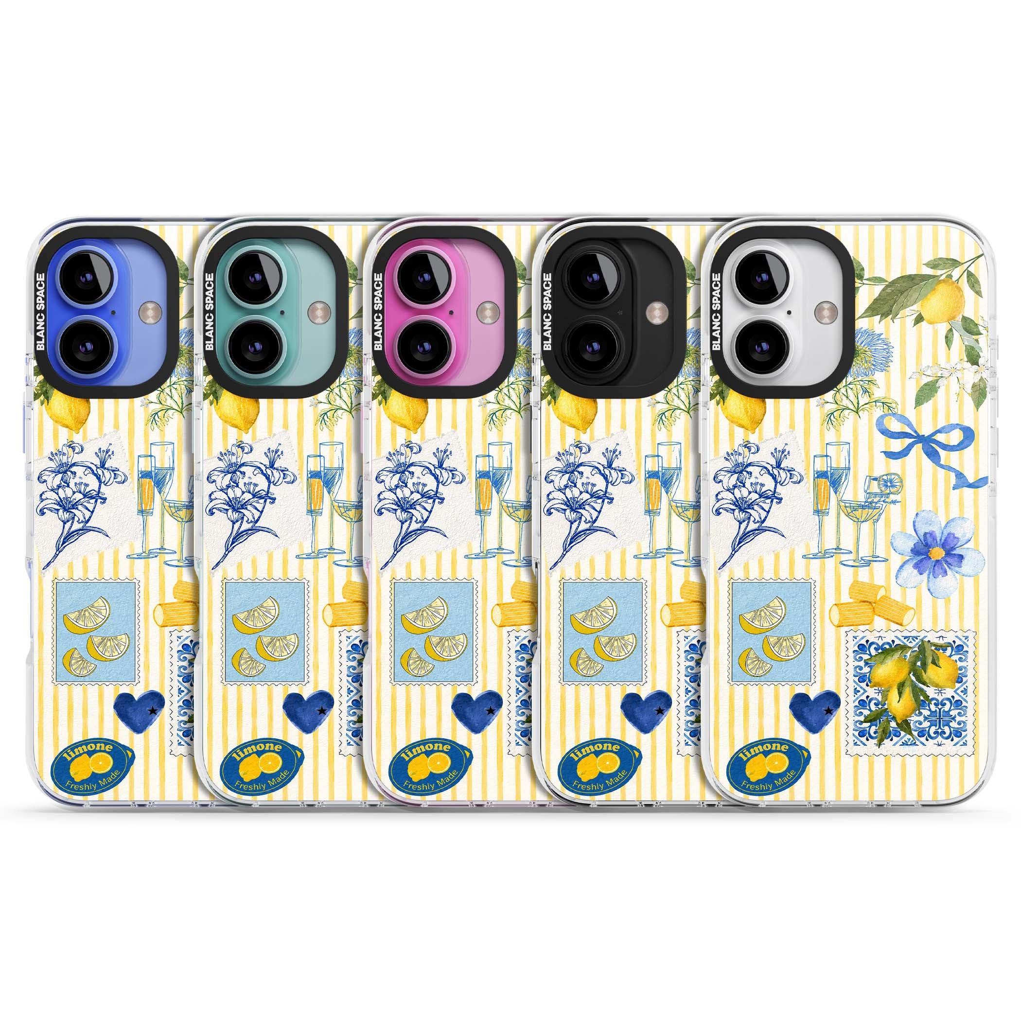 Limone Riviera Italian summer iPhone case featuring watercolour lemons, blue ribbon bows and majolica tile stamps on... | Clear Impact case for iPhone 16, iPhone 16 Plus