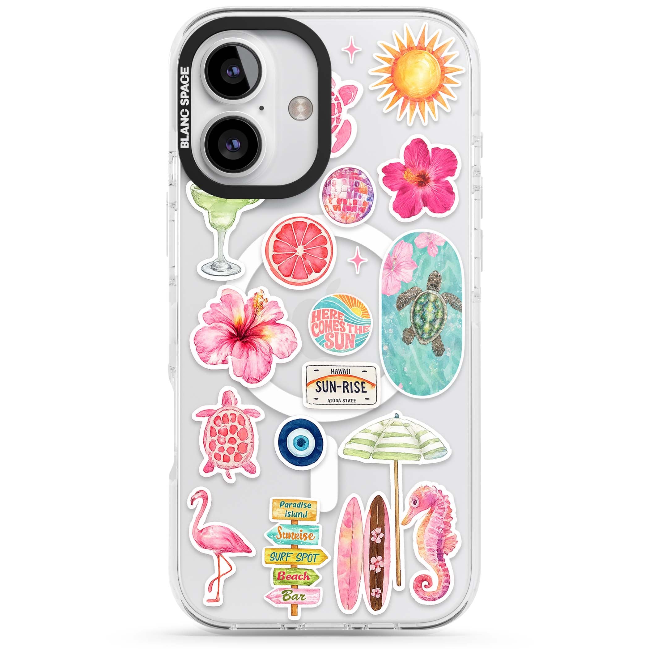Aloha Sticker Mix tropical summer iPhone case featuring pink hibiscus, sea turtles, flamingo and beach umbrella stickers | Impact Magsafe case for iPhone 16, iPhone 16 Plus