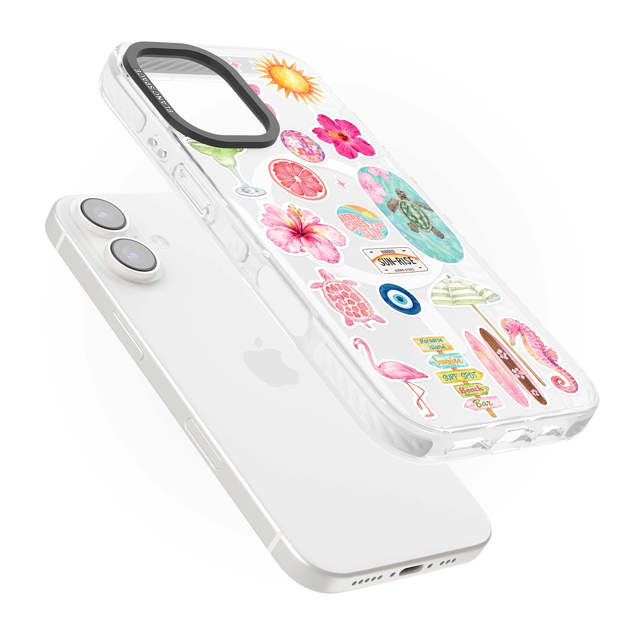 Aloha Sticker Mix tropical summer iPhone case featuring pink hibiscus, sea turtles, flamingo and beach umbrella stickers | Impact Magsafe case for iPhone 16, iPhone 16 Plus