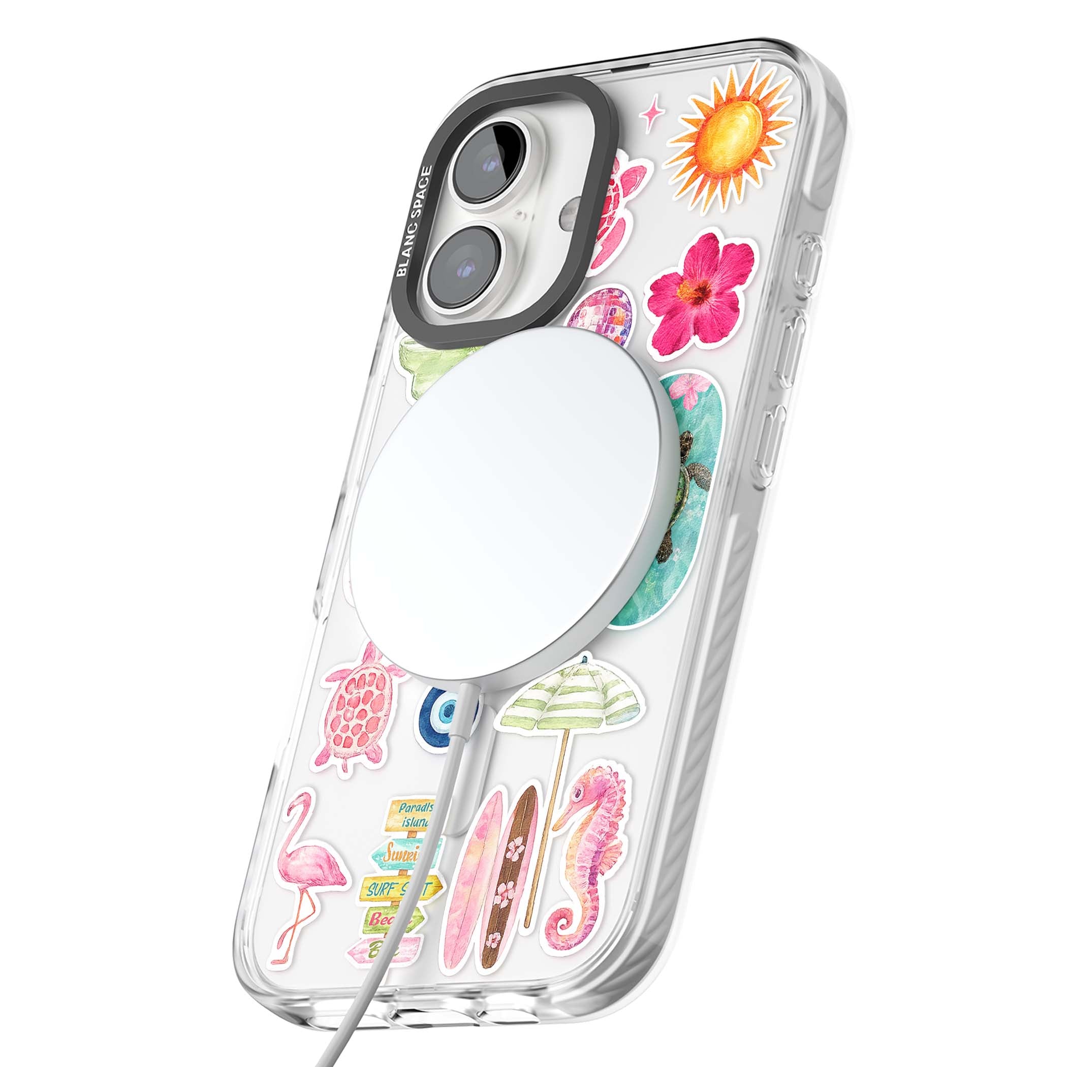 Aloha Sticker Mix tropical summer iPhone case featuring pink hibiscus, sea turtles, flamingo and beach umbrella stickers | Impact Magsafe case for iPhone 16, iPhone 16 Plus