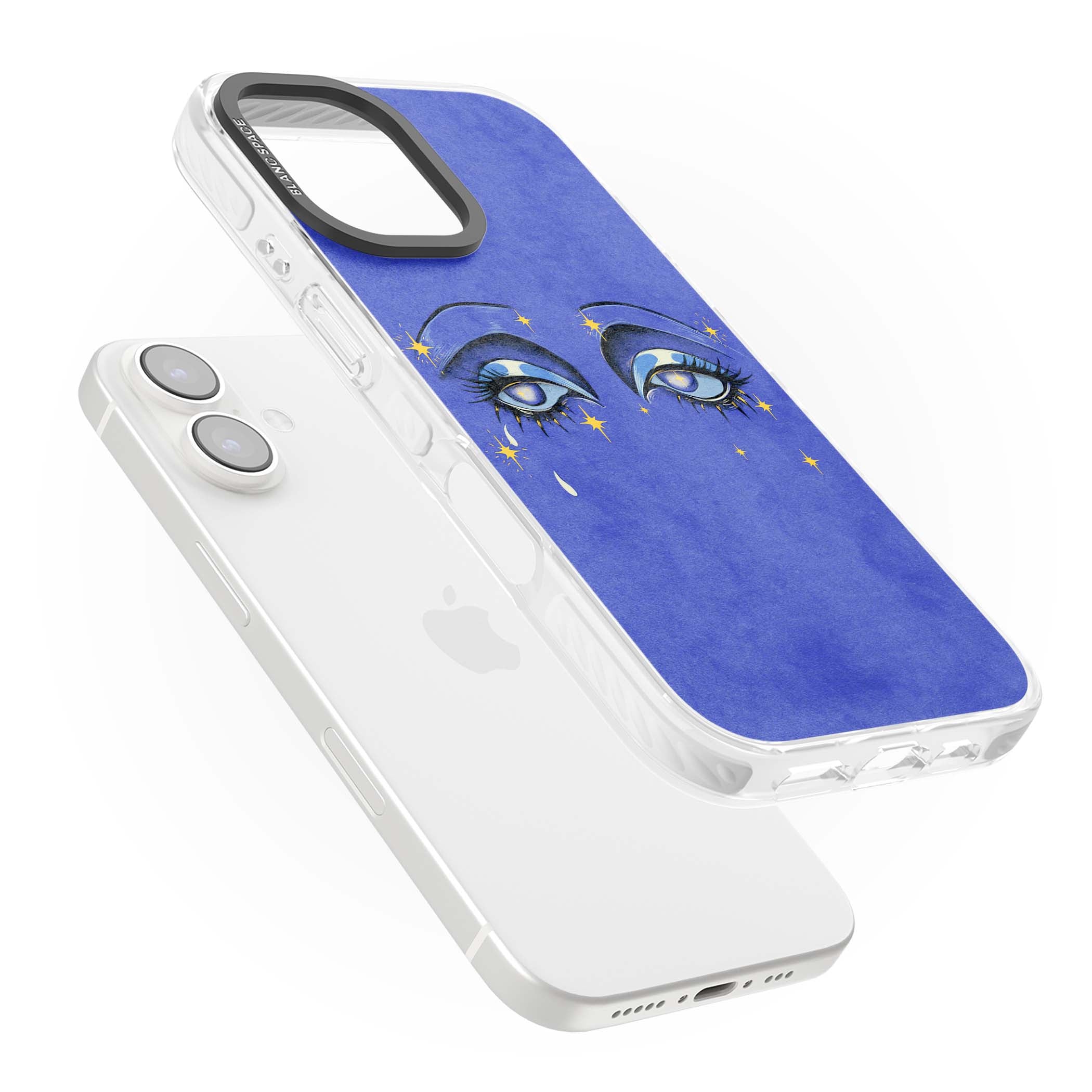 Blue Mystic Eyes celestial iPhone case featuring hand drawn blue mystical eyes, golden stars and a painted tear on indigo | Impact Magsafe case for iPhone 16, iPhone 16 Plus