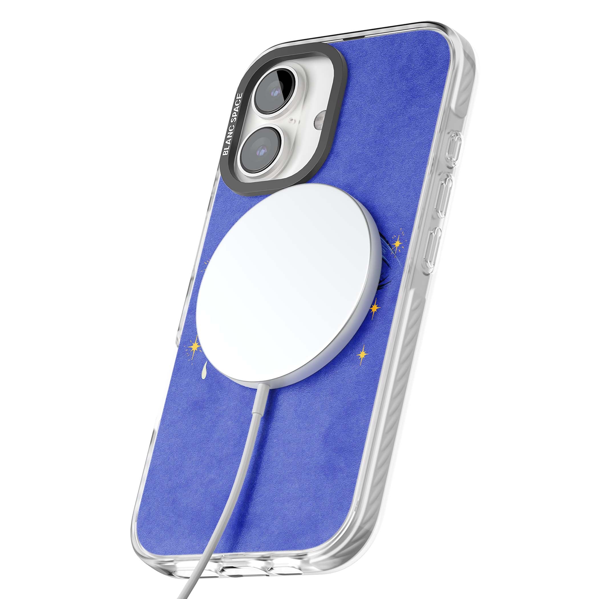Blue Mystic Eyes celestial iPhone case featuring hand drawn blue mystical eyes, golden stars and a painted tear on indigo | Impact Magsafe case for iPhone 16, iPhone 16 Plus