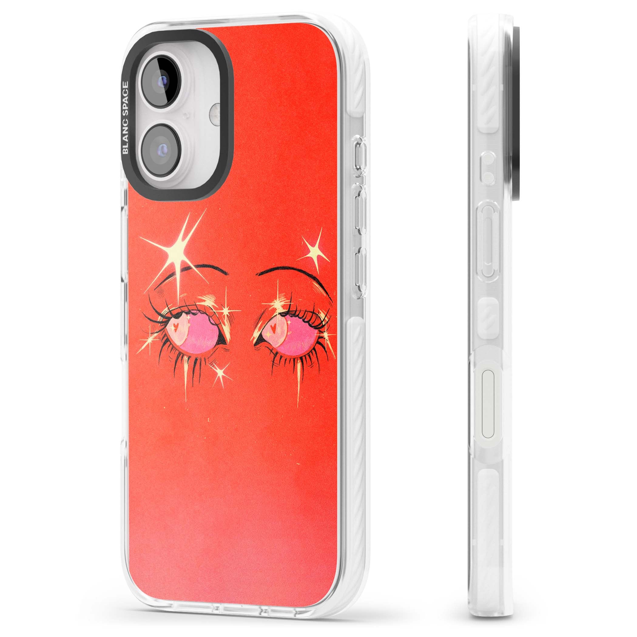 Pink Ethereal Eyes anime iPhone case featuring hand-drawn sparkly eyes with pink hearts and gold stars on red | Impact Magsafe case for iPhone 16, iPhone 16 Plus