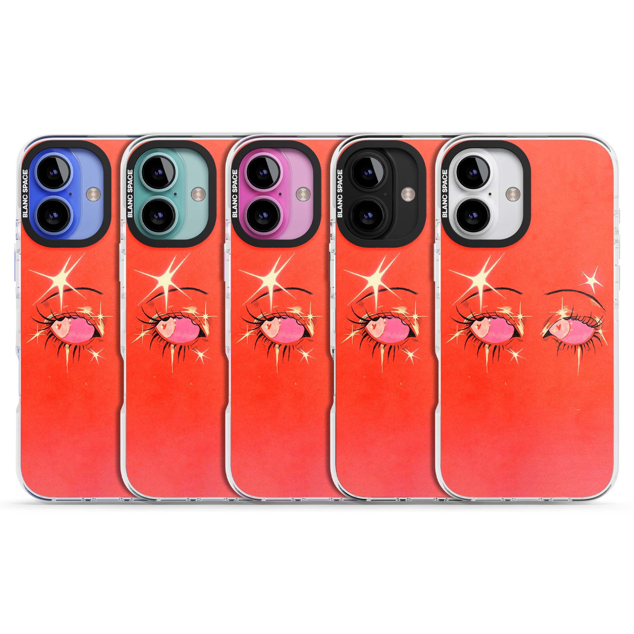 Pink Ethereal Eyes anime iPhone case featuring hand-drawn sparkly eyes with pink hearts and gold stars on red | Impact Magsafe case for iPhone 16, iPhone 16 Plus