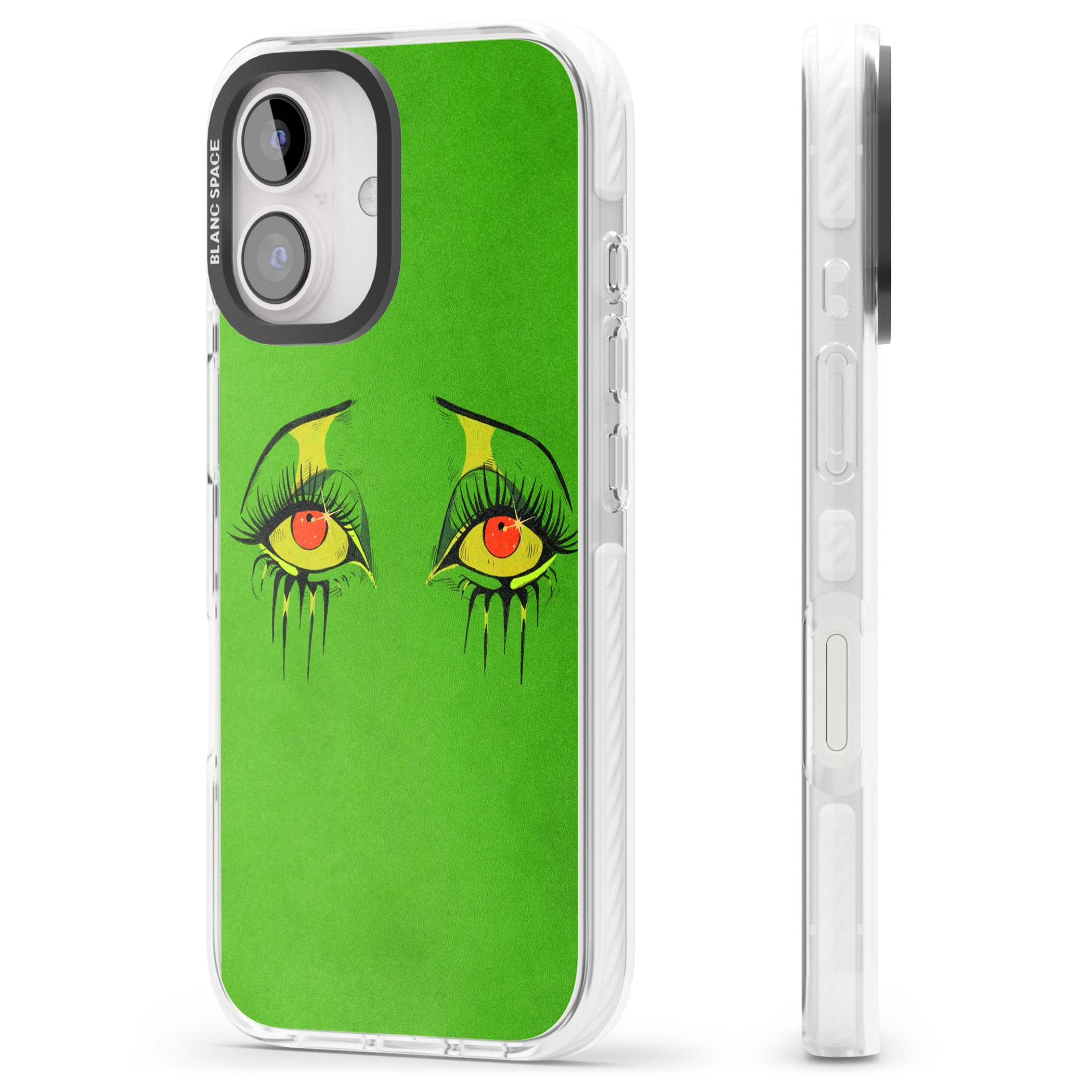 Green Enchanted Eyes psychedelic art iPhone case featuring hand-drawn dripping eyes on neon green background | Impact Magsafe case for iPhone 16, iPhone 16 Plus