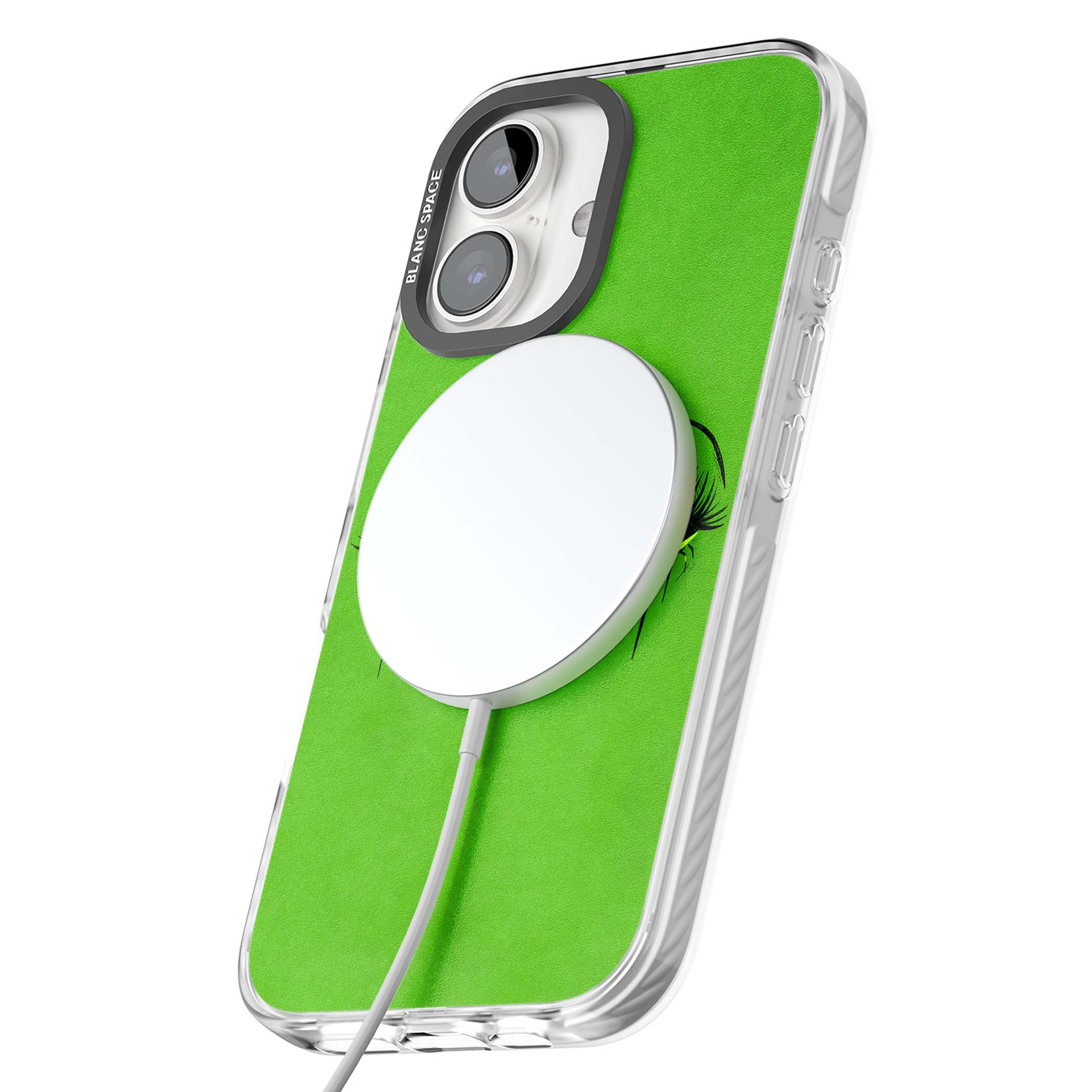 Green Enchanted Eyes psychedelic art iPhone case featuring hand-drawn dripping eyes on neon green background | Impact Magsafe case for iPhone 16, iPhone 16 Plus