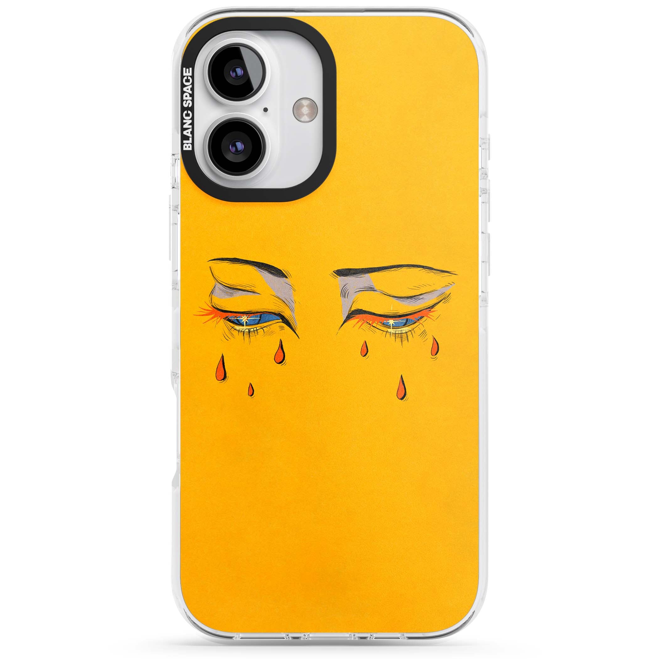 Yellow Tearful Eyes indie iPhone case featuring hand-drawn crying eyes with orange tears on a yellow background | Impact Magsafe case for iPhone 16, iPhone 16 Plus