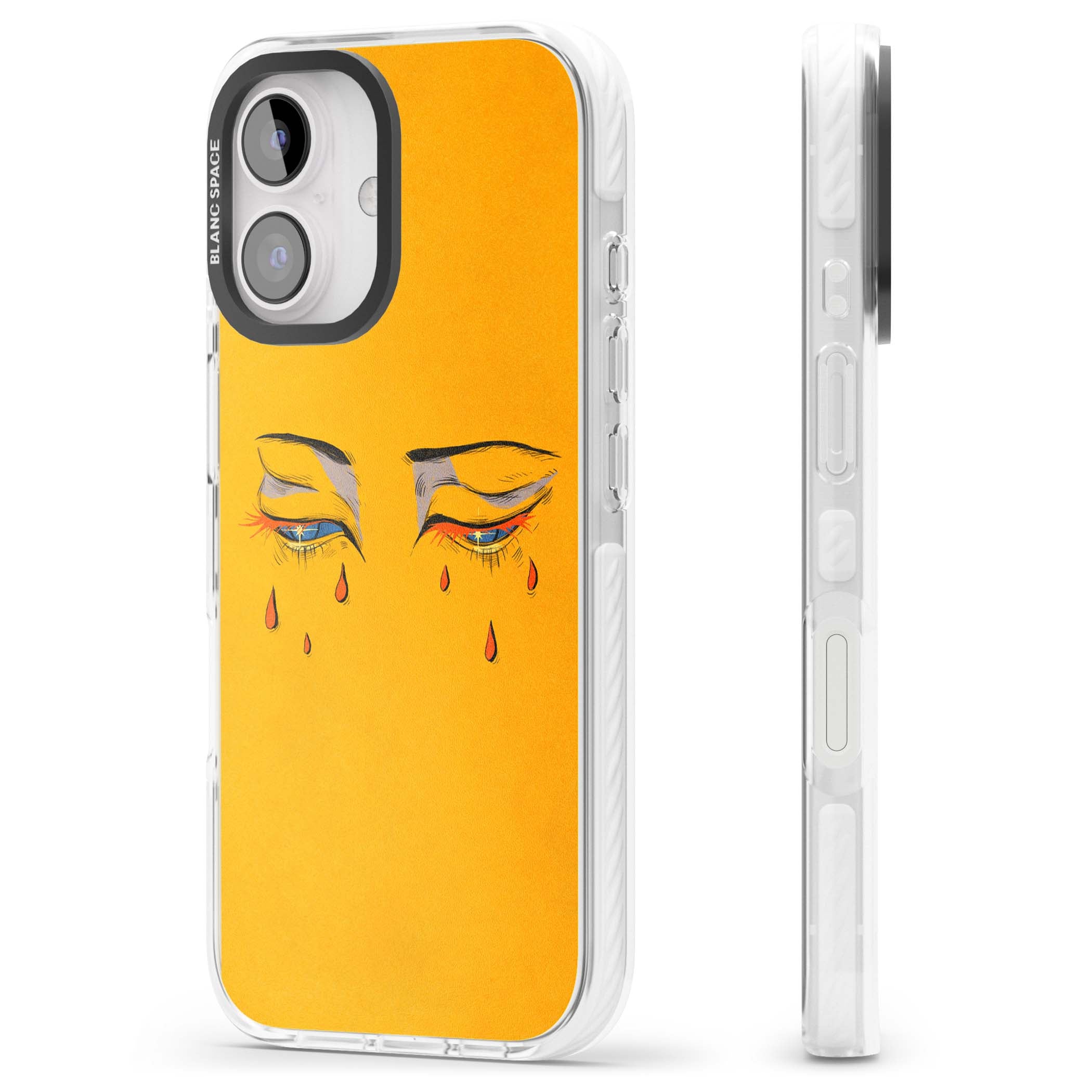 Yellow Tearful Eyes indie iPhone case featuring hand-drawn crying eyes with orange tears on a yellow background | Impact Magsafe case for iPhone 16, iPhone 16 Plus