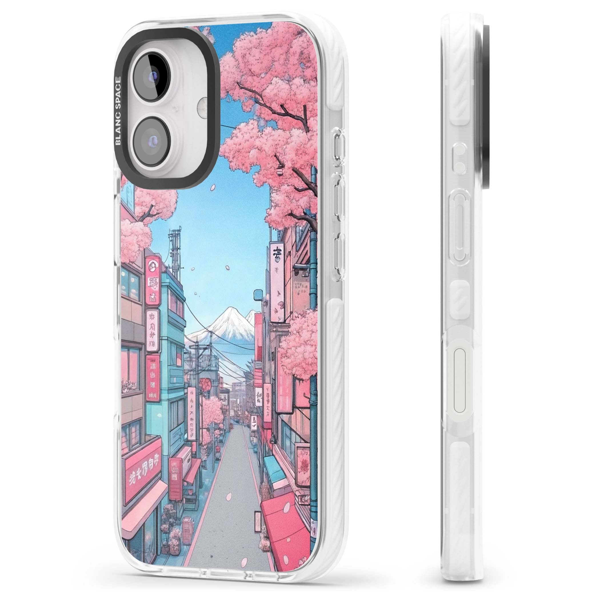 Sakura Lane anime iPhone case featuring Tokyo street scene with cherry blossoms and Mount Fuji | Impact Magsafe case for iPhone 16, iPhone 16 Plus