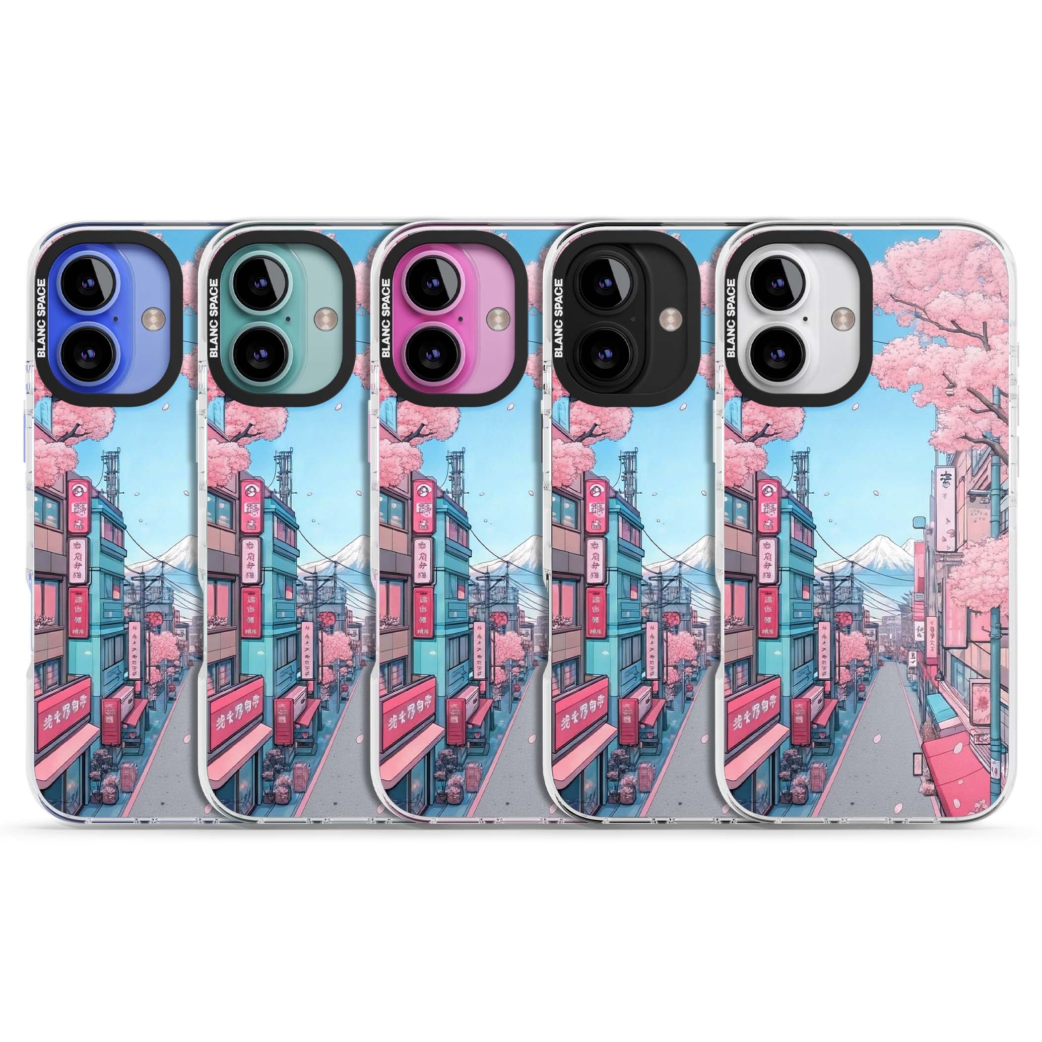 Sakura Lane anime iPhone case featuring Tokyo street scene with cherry blossoms and Mount Fuji | Impact Magsafe case for iPhone 16, iPhone 16 Plus