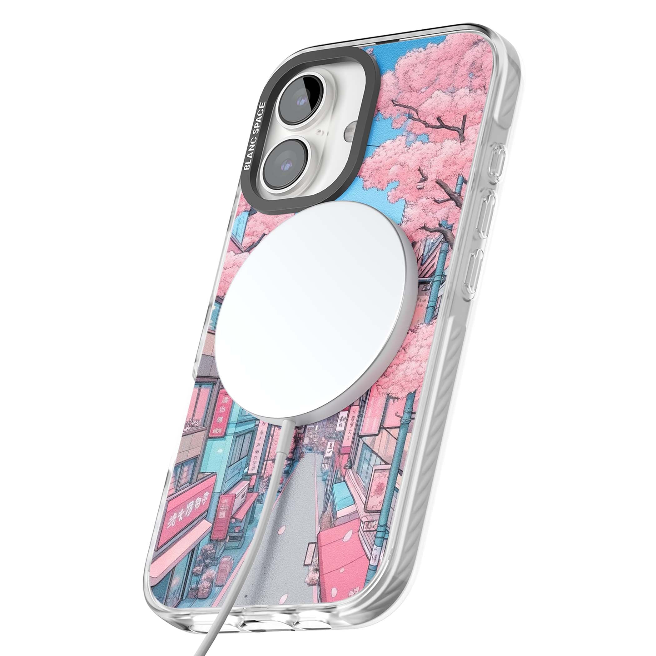 Sakura Lane anime iPhone case featuring Tokyo street scene with cherry blossoms and Mount Fuji | Impact Magsafe case for iPhone 16, iPhone 16 Plus