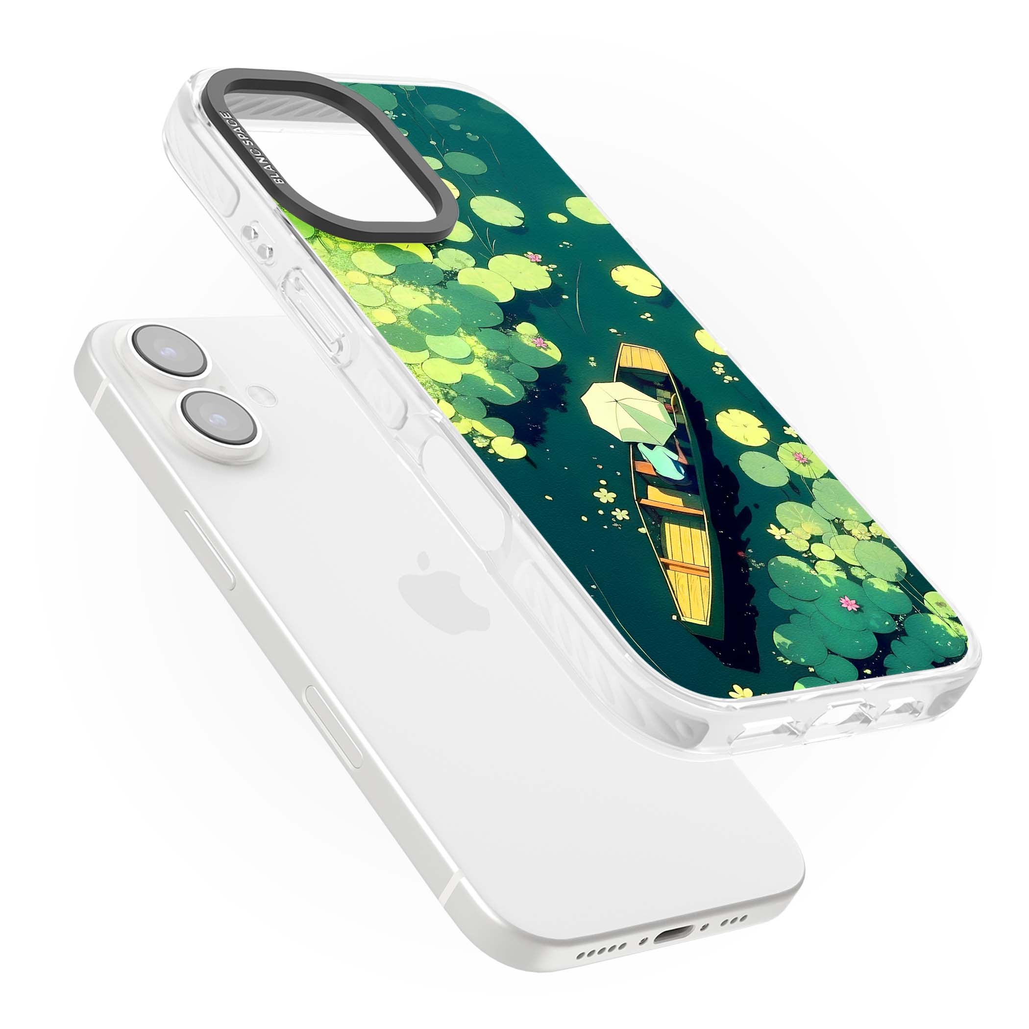 Jade Waters cottagecore iPhone case featuring a painted lily pond, wooden boat with parasol and floating water lilies | Impact Magsafe case for iPhone 16, iPhone 16 Plus